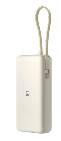 Kremowy power bank Xiaomi z beżowym paskiem i kablem USB-C.