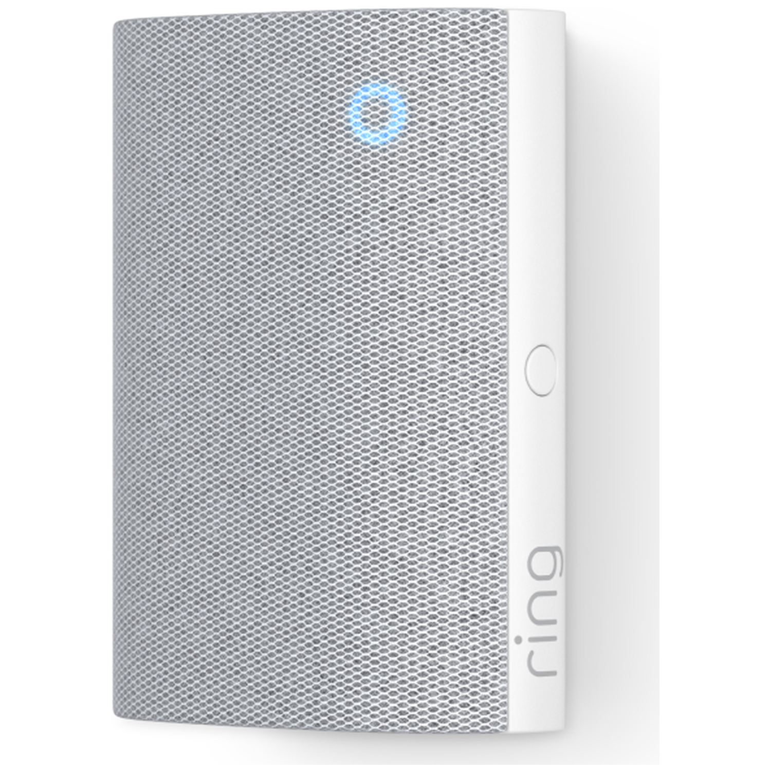 A white Ring device with a gray mesh front and a blue light at the top.