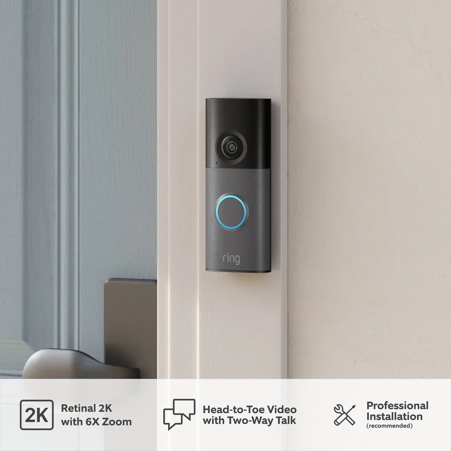 A Ring doorbell camera mounted on a wall, with text overlays.