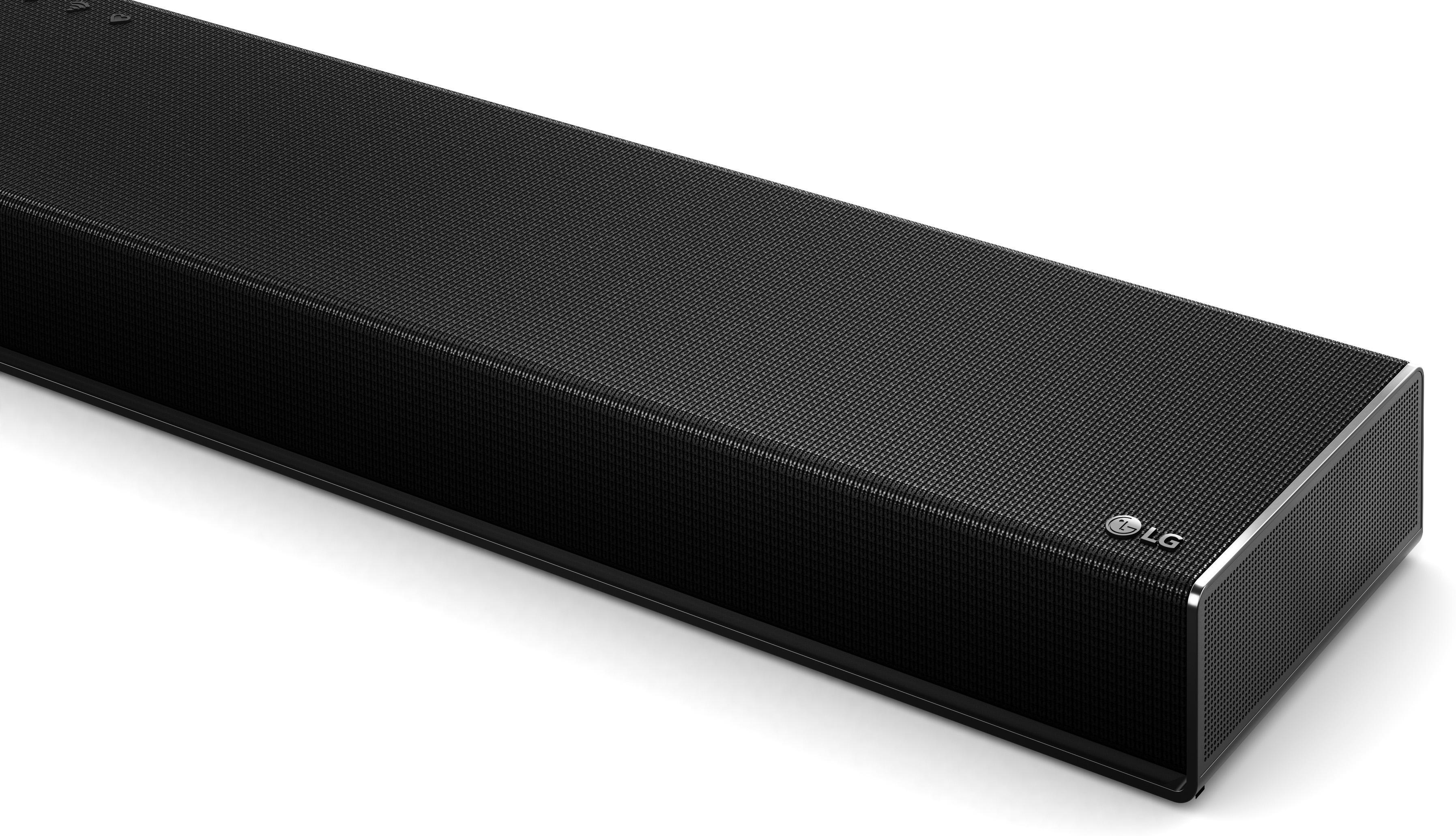 Schwarzer LG Soundbar mit Gittermuster und silbernem Rand.
