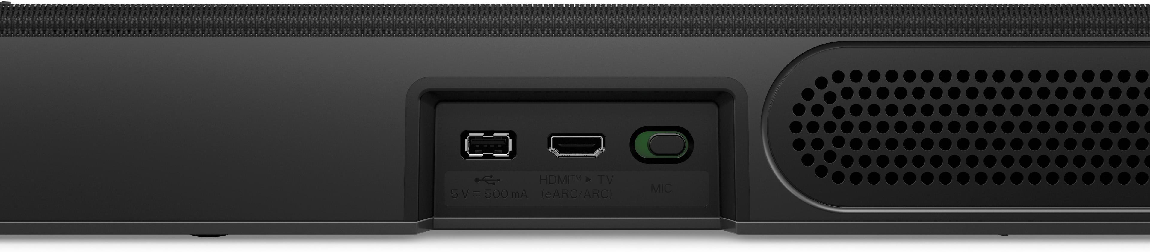 Rückseite eines schwarzen Soundbars mit Anschlüssen: USB, HDMI (eARC/ARC), Mic.