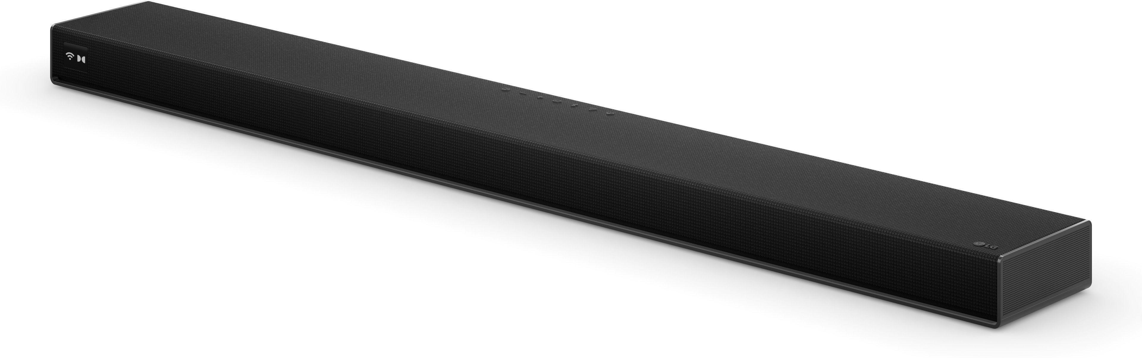 Ein schlanker, schwarzer Soundbar mit silberner Kante und LG-Logo.