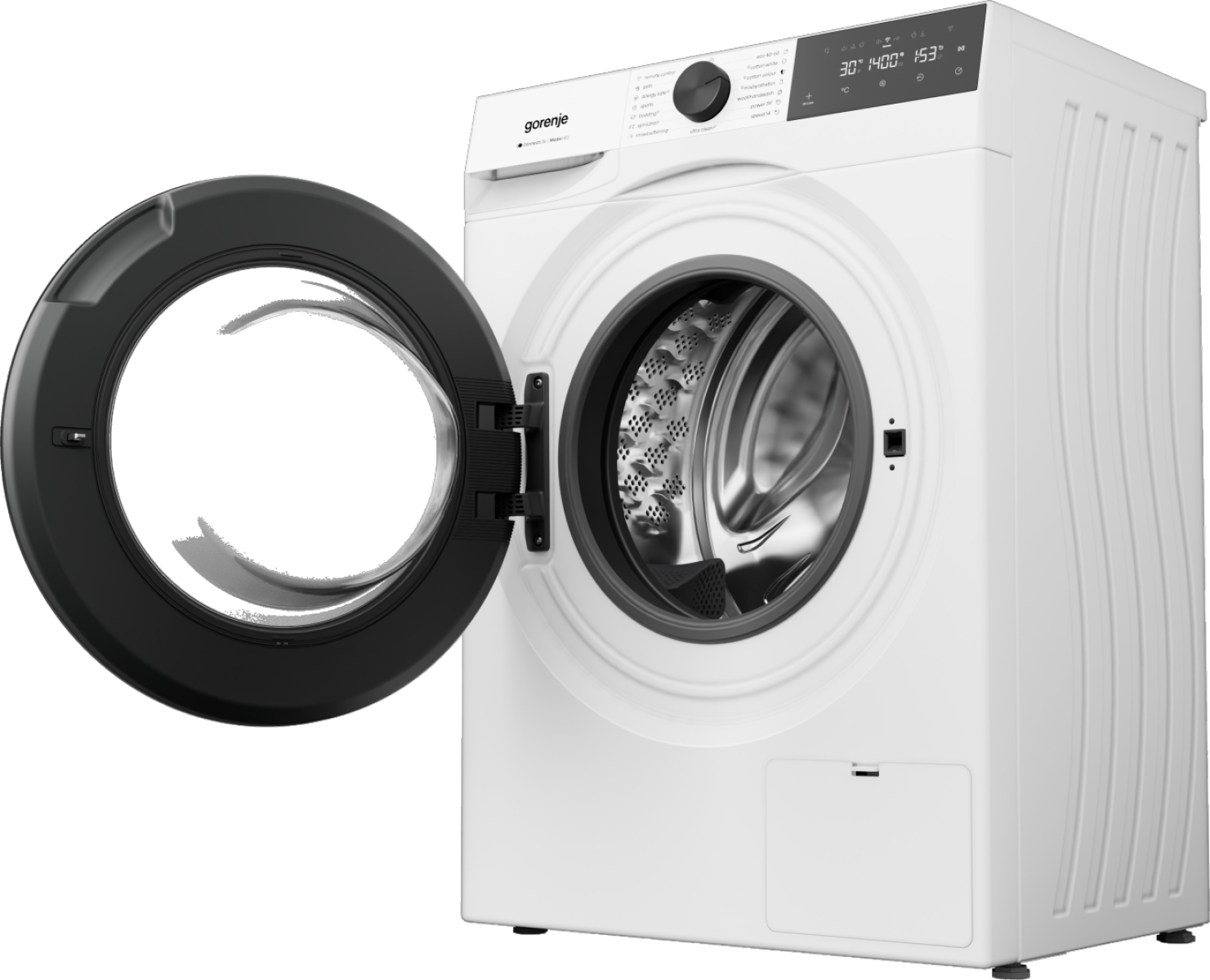 Fehér Gorenje mosógép nyitott fekete ajtóval és dobbal.