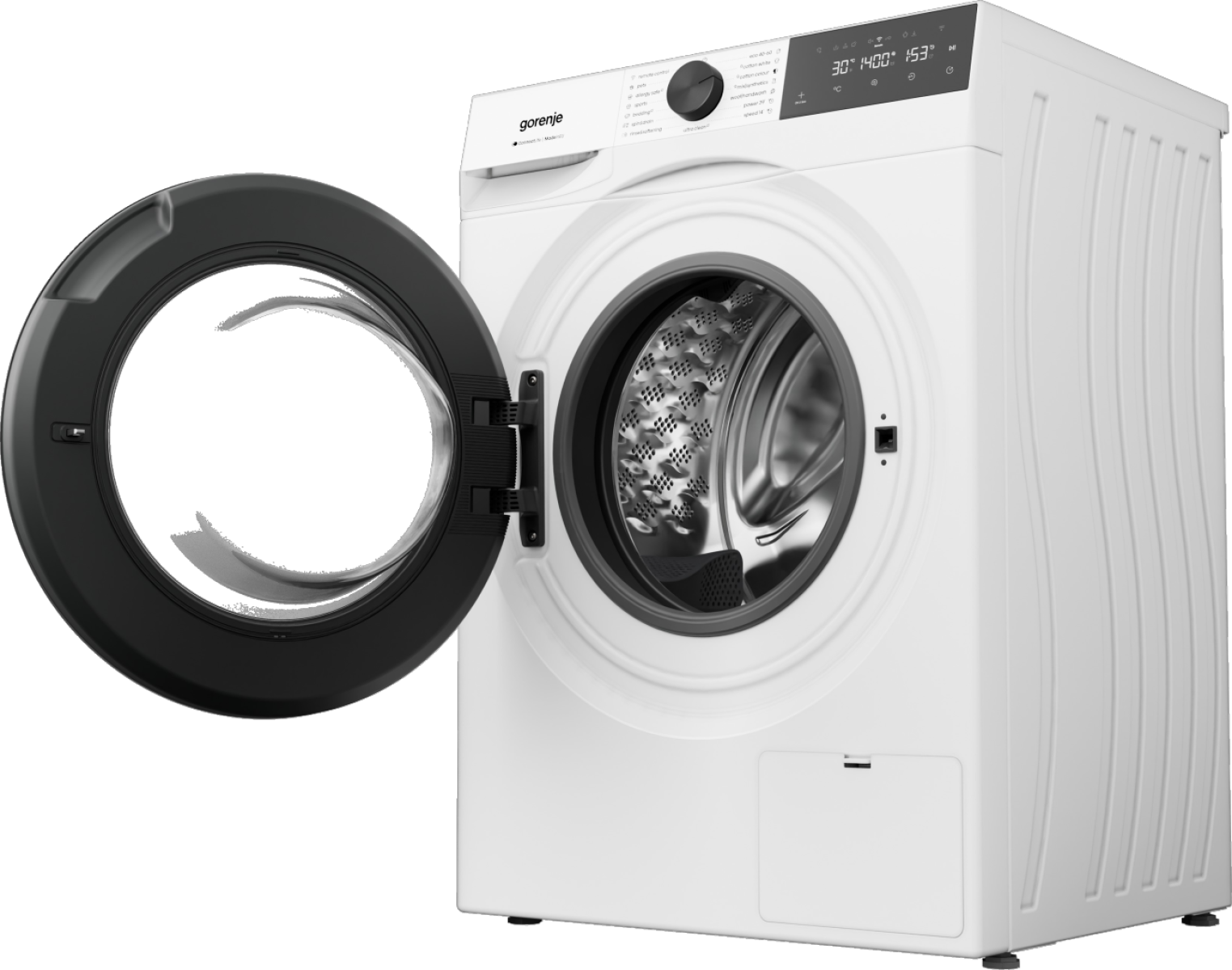 Fehér Gorenje mosógép, fekete ajtaja nyitva. Dob látható.