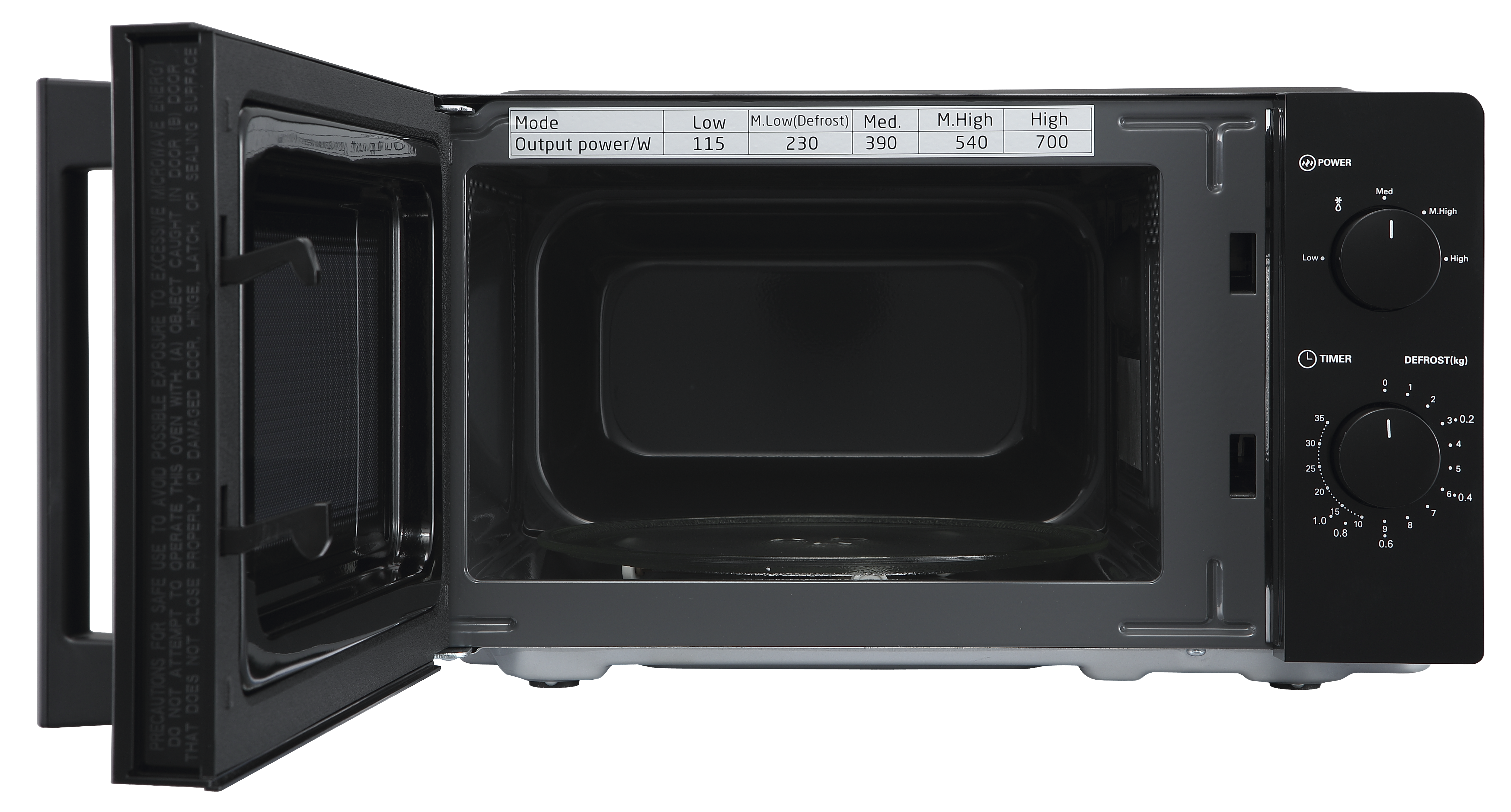 Otwarty czarny piekarnik mikrofalowy ze szklaną tacą wewnątrz i pokrętłami.