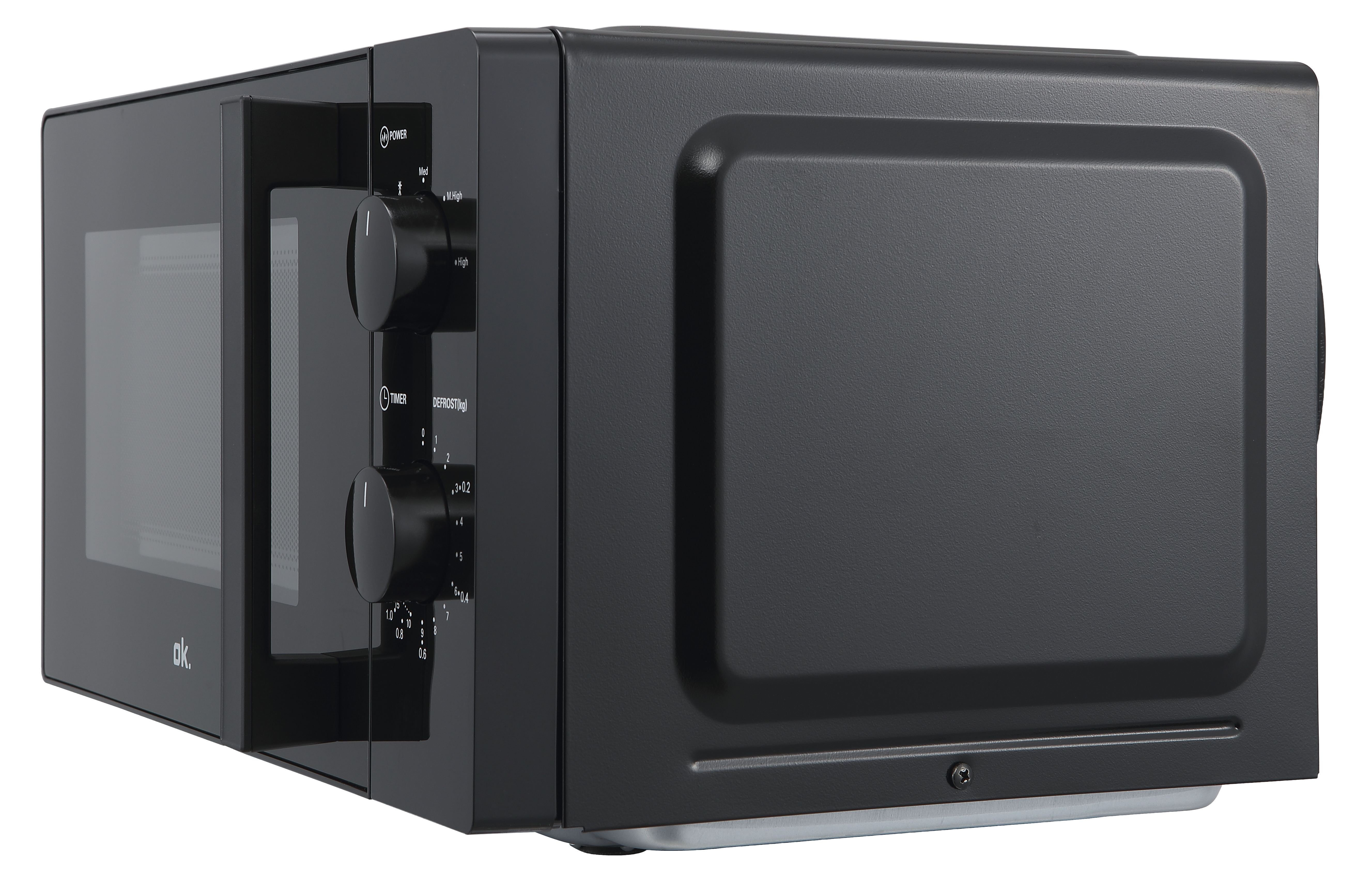 Czarna kuchenka mikrofalowa z dwoma pokrętłami i okienkiem.