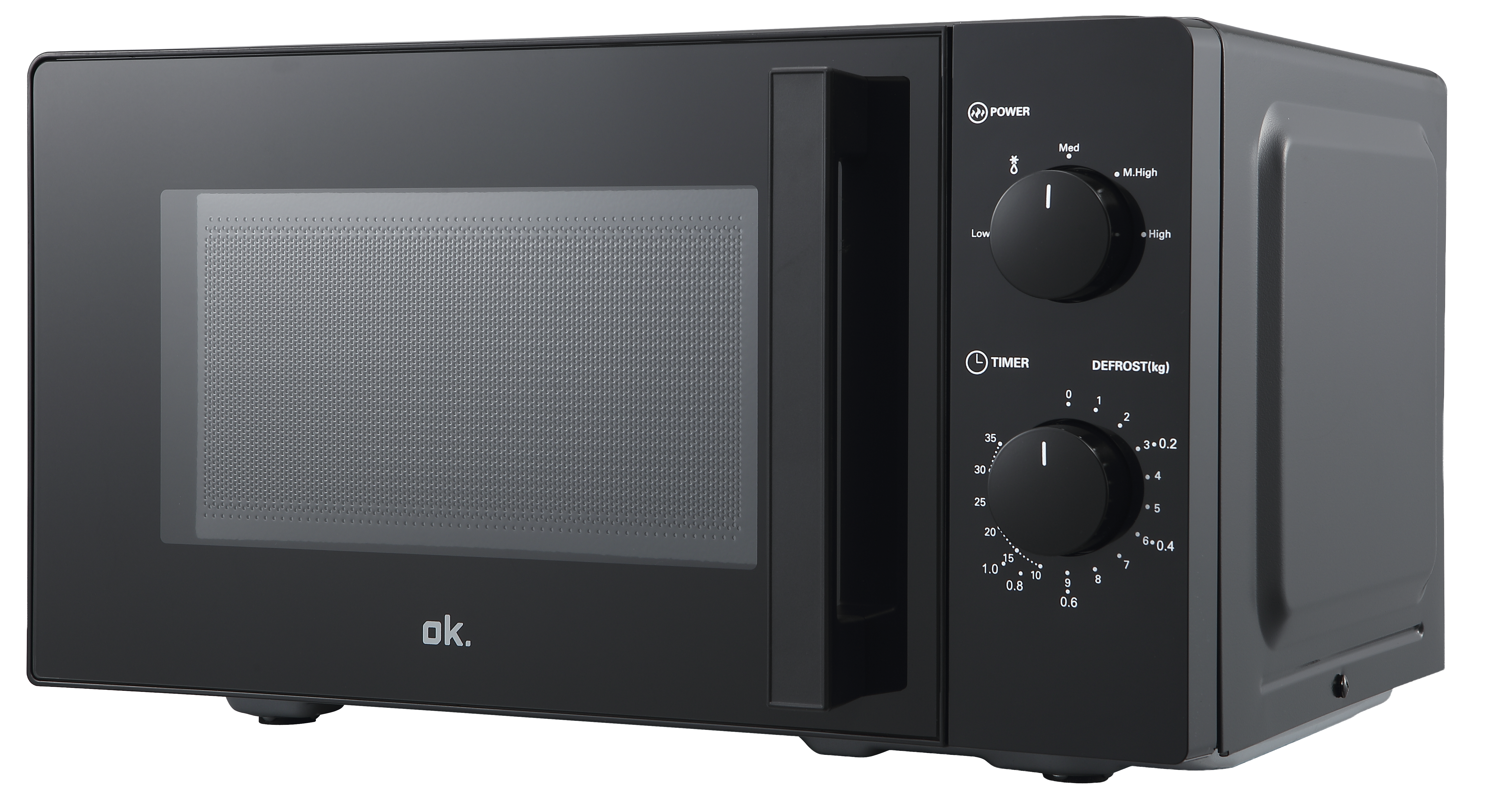 Czarna kuchenka mikrofalowa z pokrętłami mocy i timera/rozmrażania.