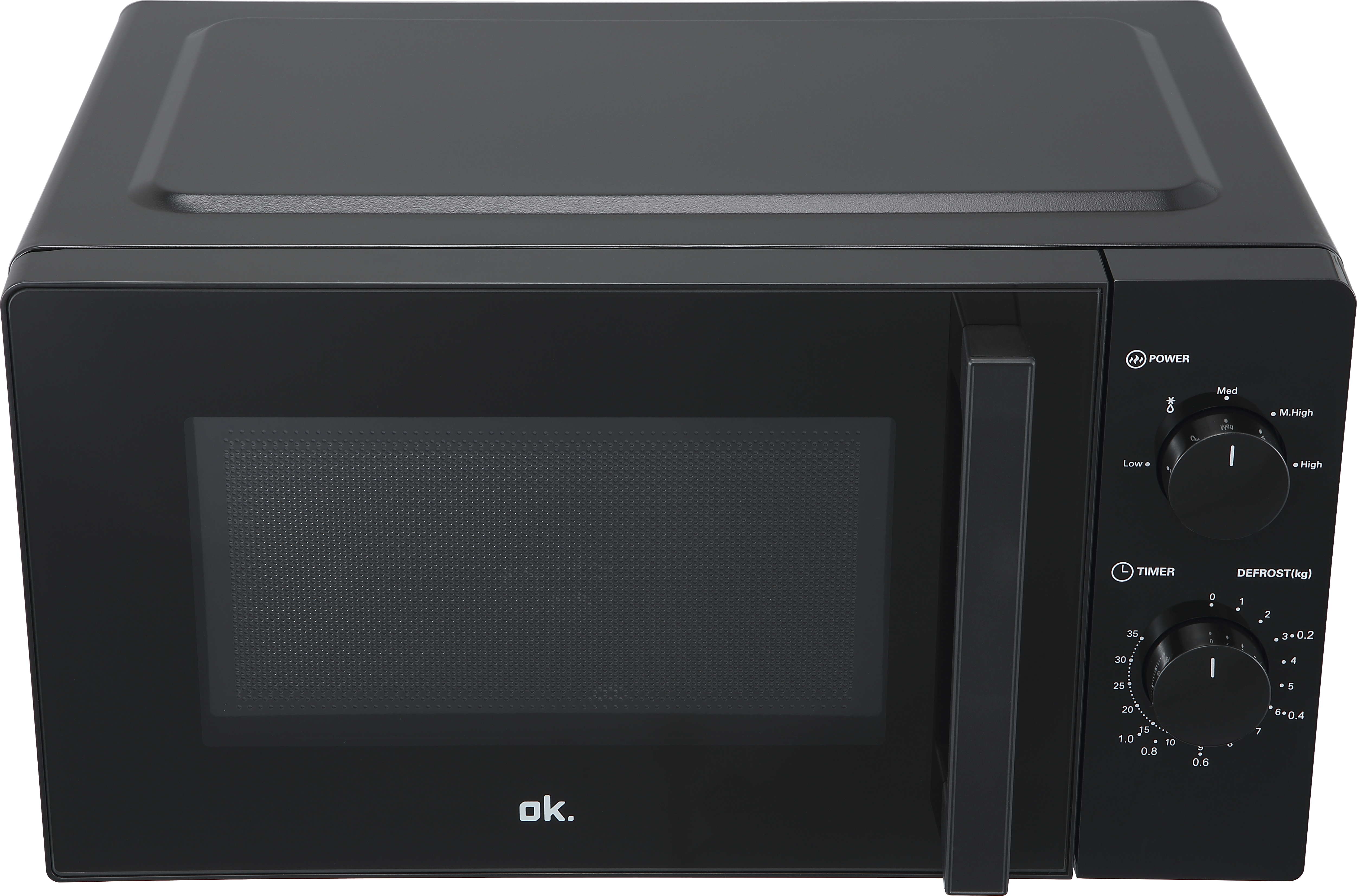 Czarna kuchenka mikrofalowa z srebrną rączką i dwoma pokrętłami.