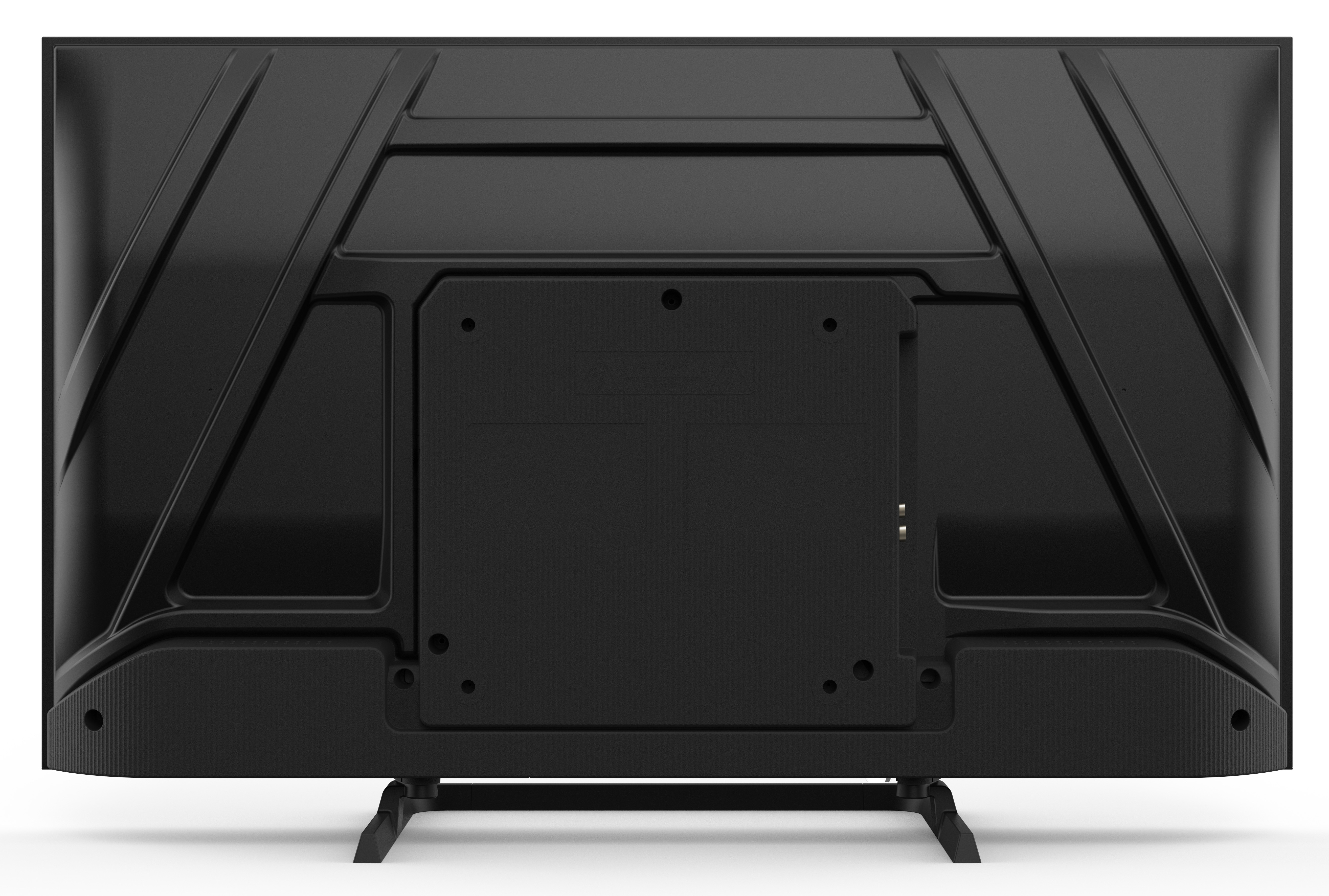 Tył czarnego telewizora ze stojakiem i portami.