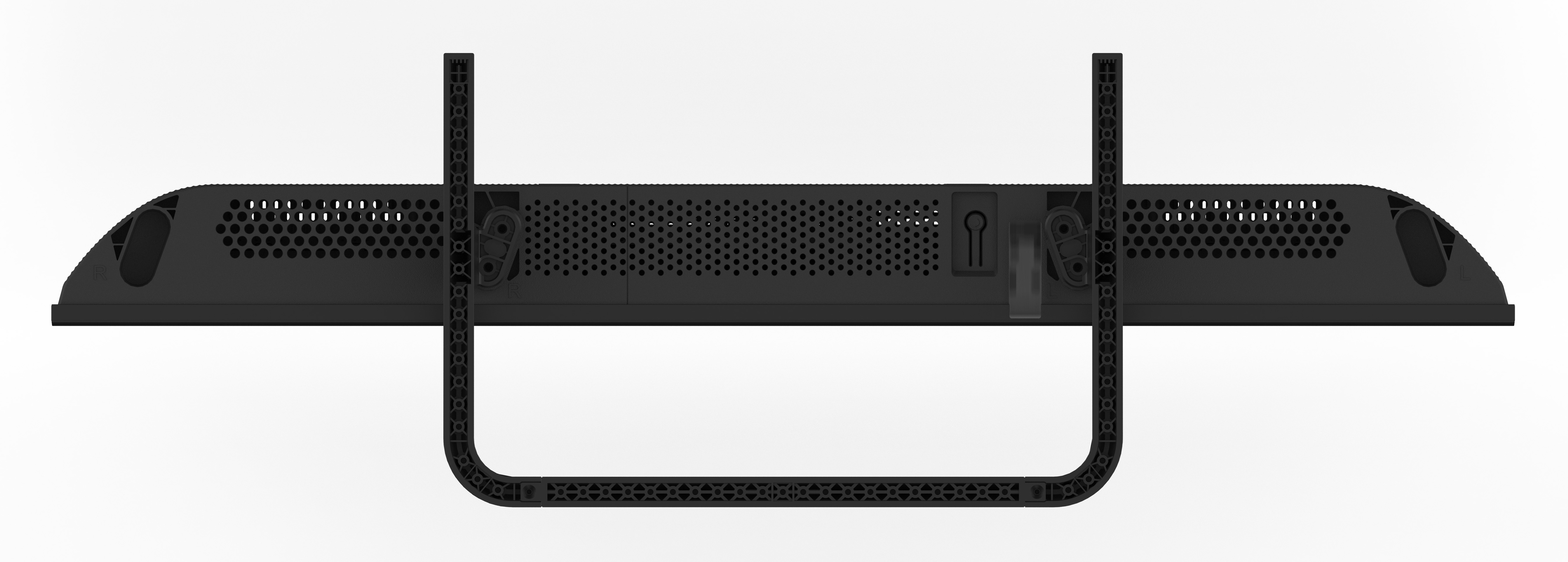 Czarne urządzenie z otworami wentylacyjnymi i stojakiem w kształcie litery U, białe tło.