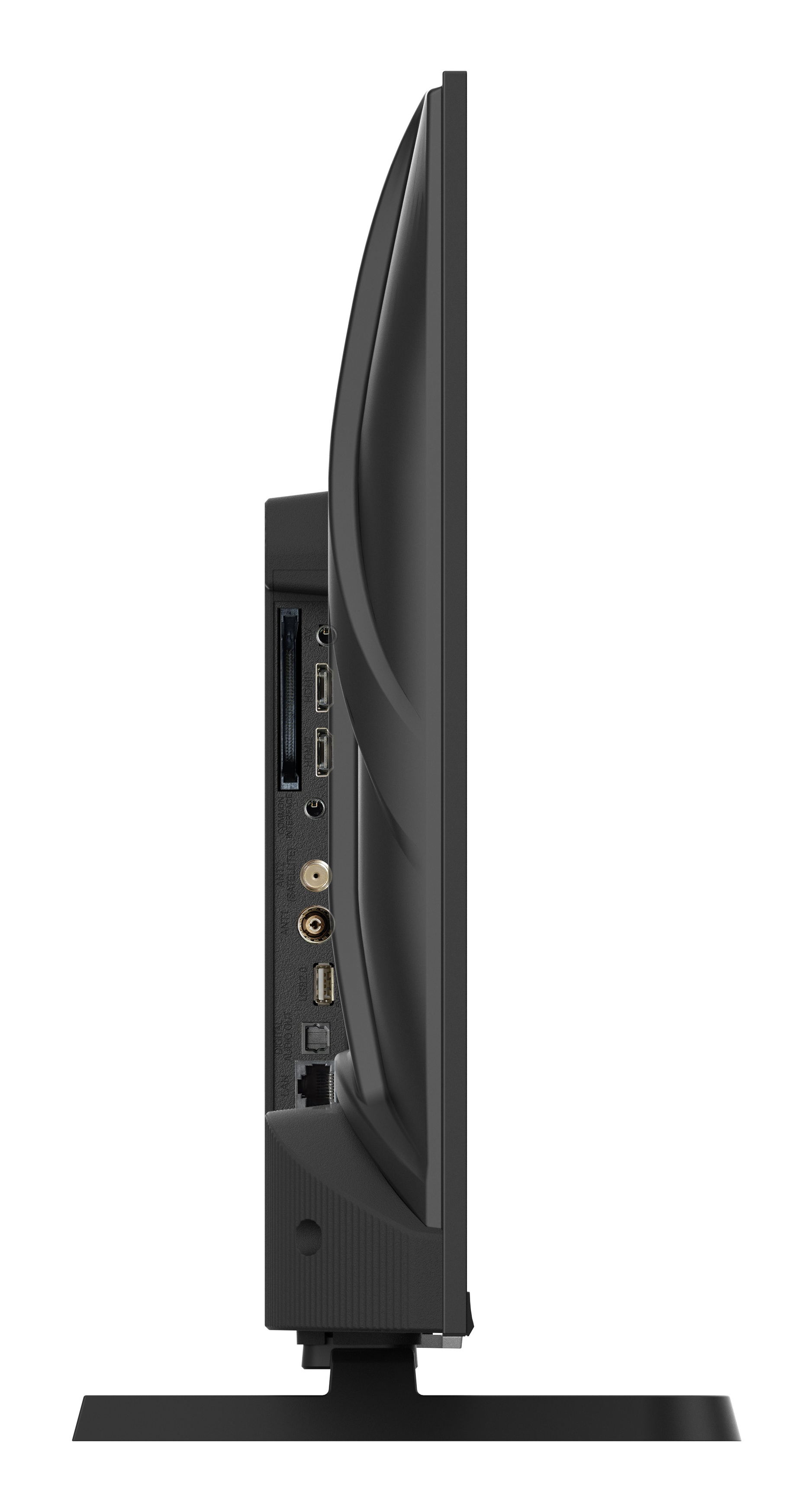 Widok z boku czarnego telewizora pokazujący porty i stojak.