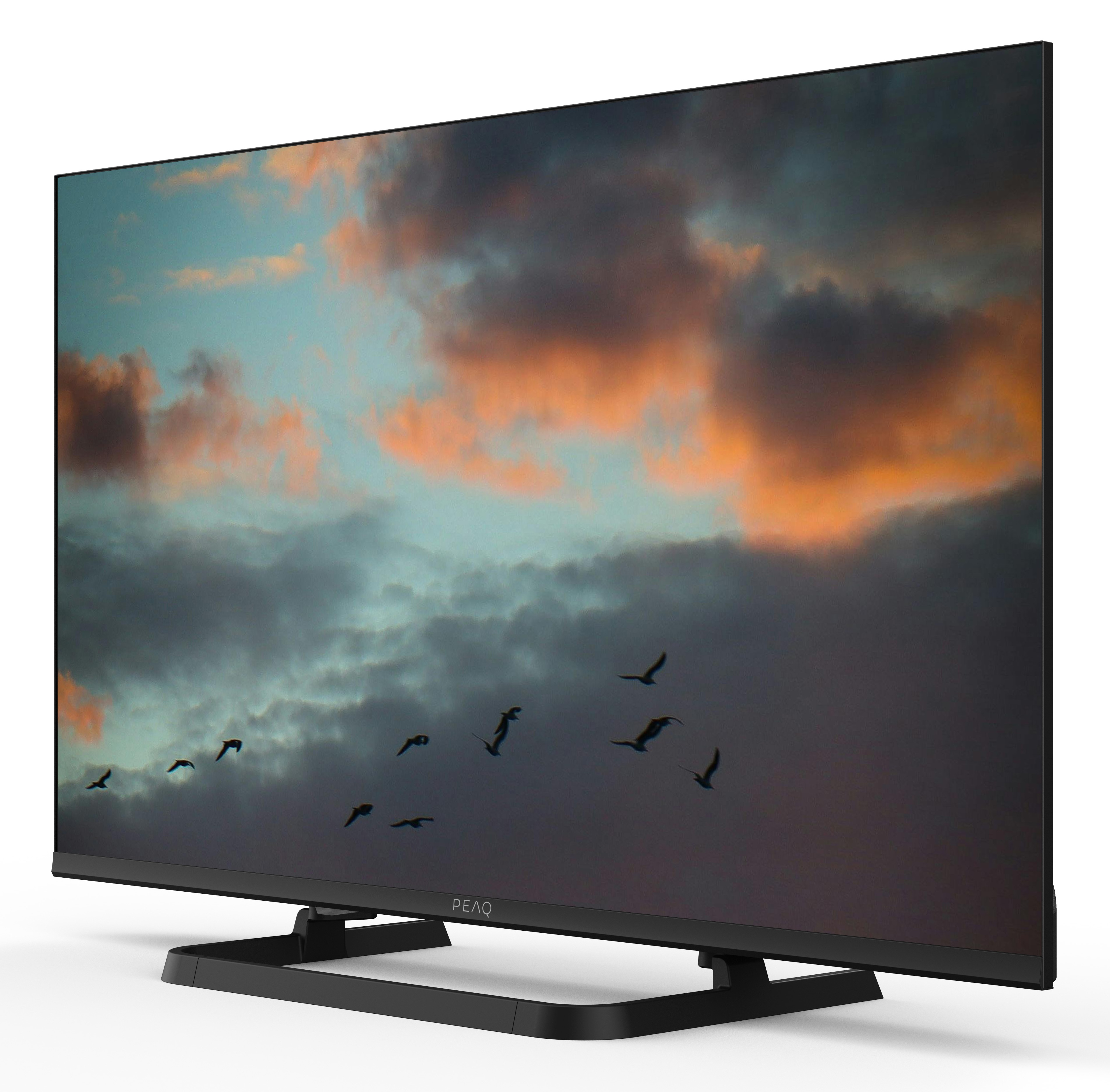 Stado ptaków lecących na tle nieba o zachodzie słońca z chmurami, na ekranie telewizora.