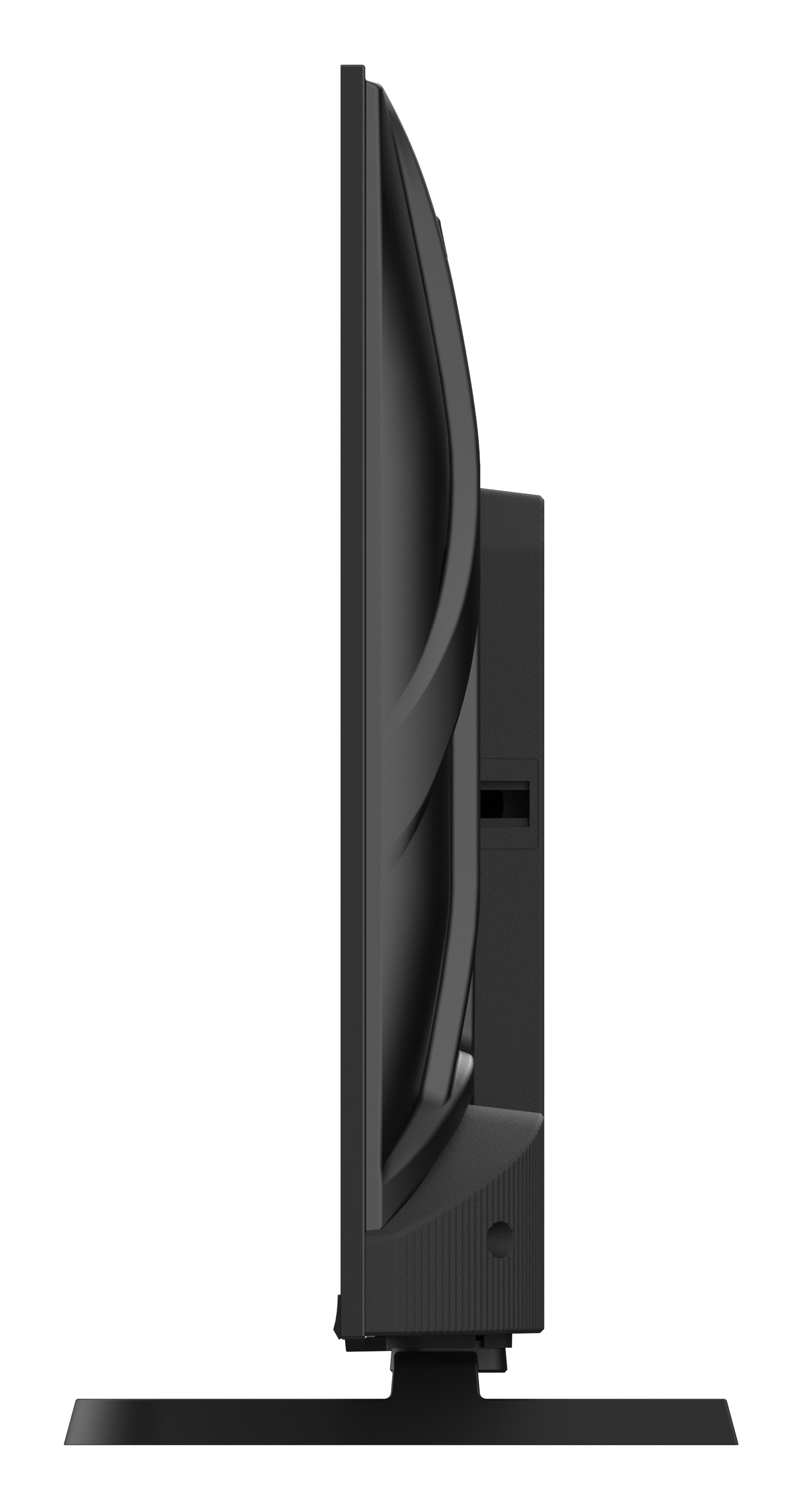 Czarny telewizor z boku na stojaku, izolacja na białym tle.