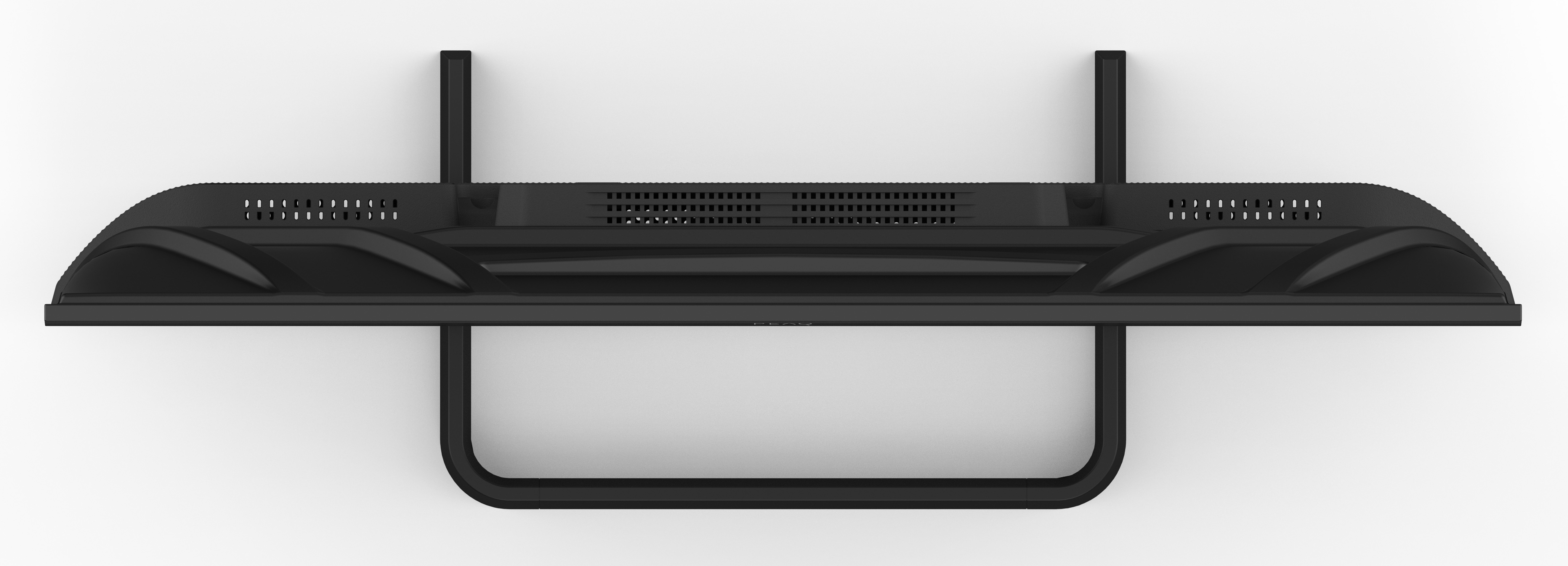 Czarny stojak na monitor z otworami wentylacyjnymi i elementem w kształcie litery U.