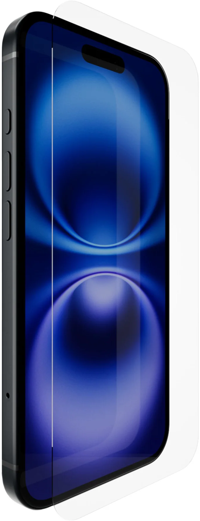 Ein schwarzes Smartphone mit einem Displayschutz. Blaue Wellen auf dem Bildschirm.