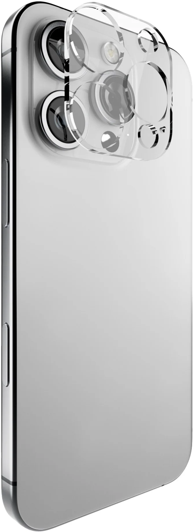 Rückseite eines silbernen Smartphones mit einer transparenten Schutzfolie über dem Kameramodul.