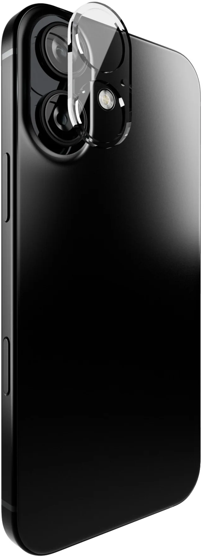 Rückseite eines schwarzen Smartphones mit dreifacher Kamera und Schutzfolie.