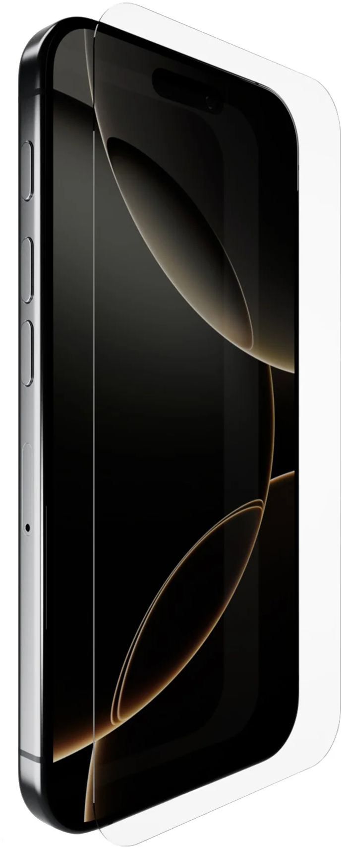 Ein schwarzes Smartphone mit einer Displayschutzfolie. Die Seite mit den Tasten ist sichtbar.
