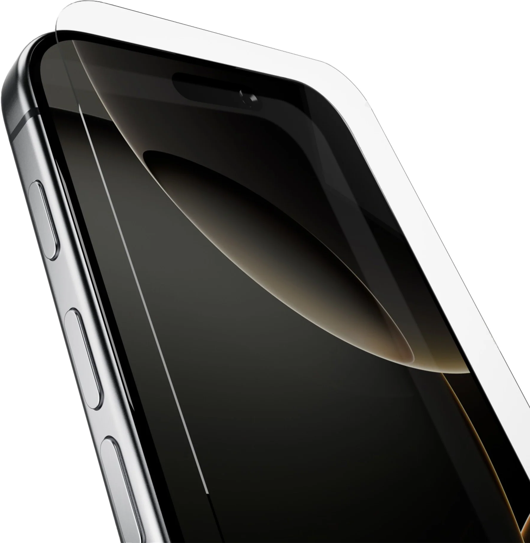 Eine Nahaufnahme eines silbernen Smartphones mit angebrachtem Displayschutz aus Glas.