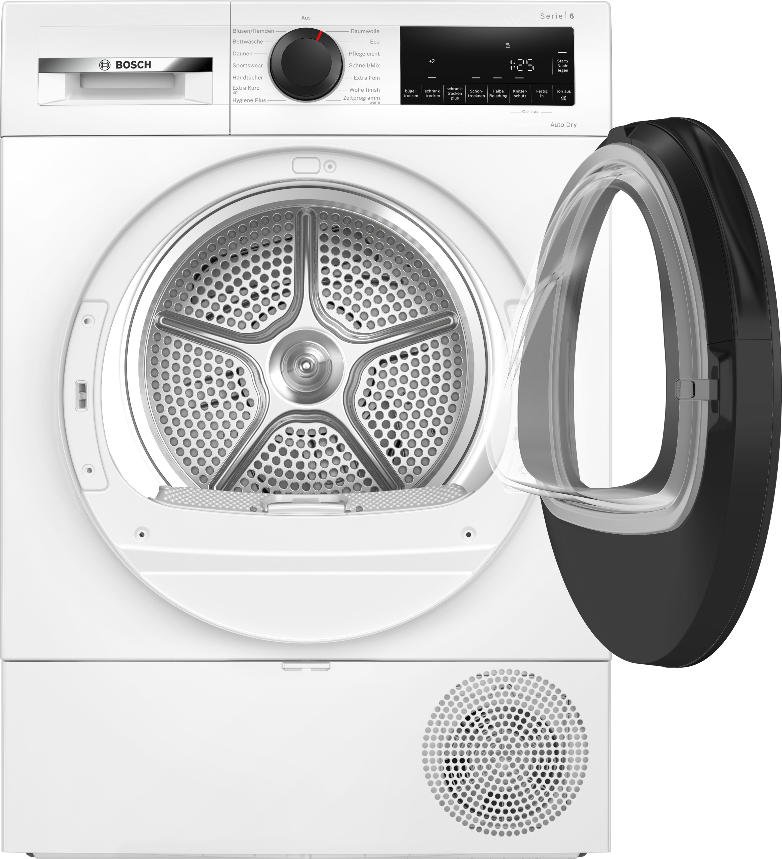 Ein weißer Bosch Wäschetrockner mit geöffneter schwarzer Tür und einem silbernen Trommelinneren.