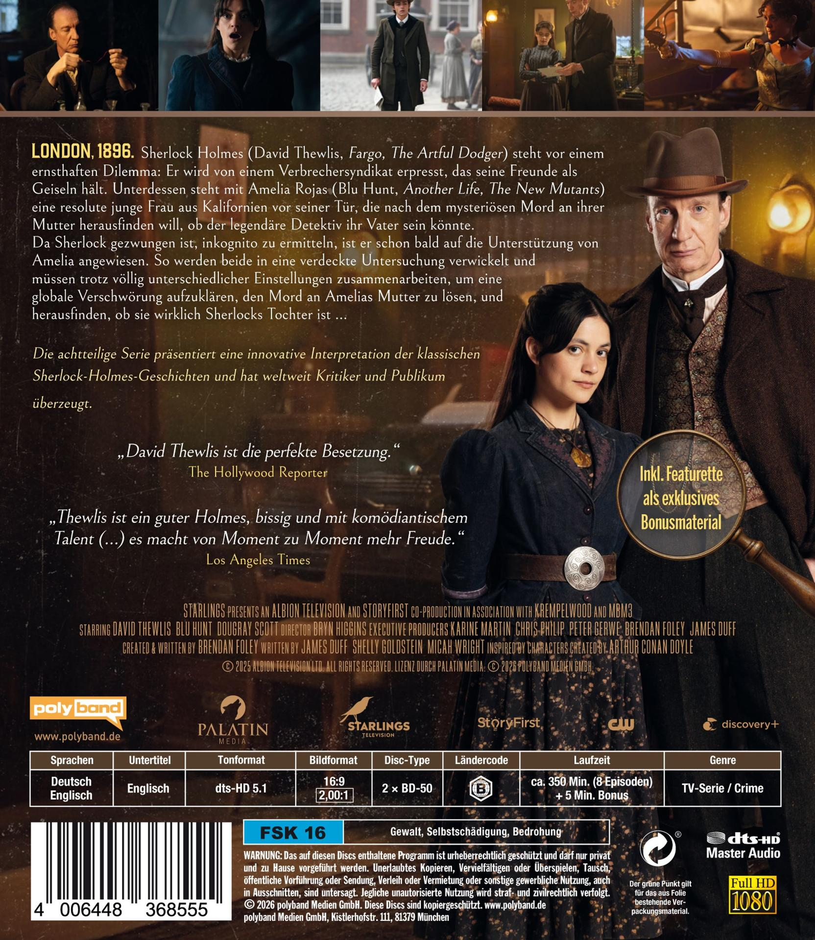 DVD-Cover: David Thewlis als Sherlock Holmes und Blu Hunt posieren vor einer Collage.