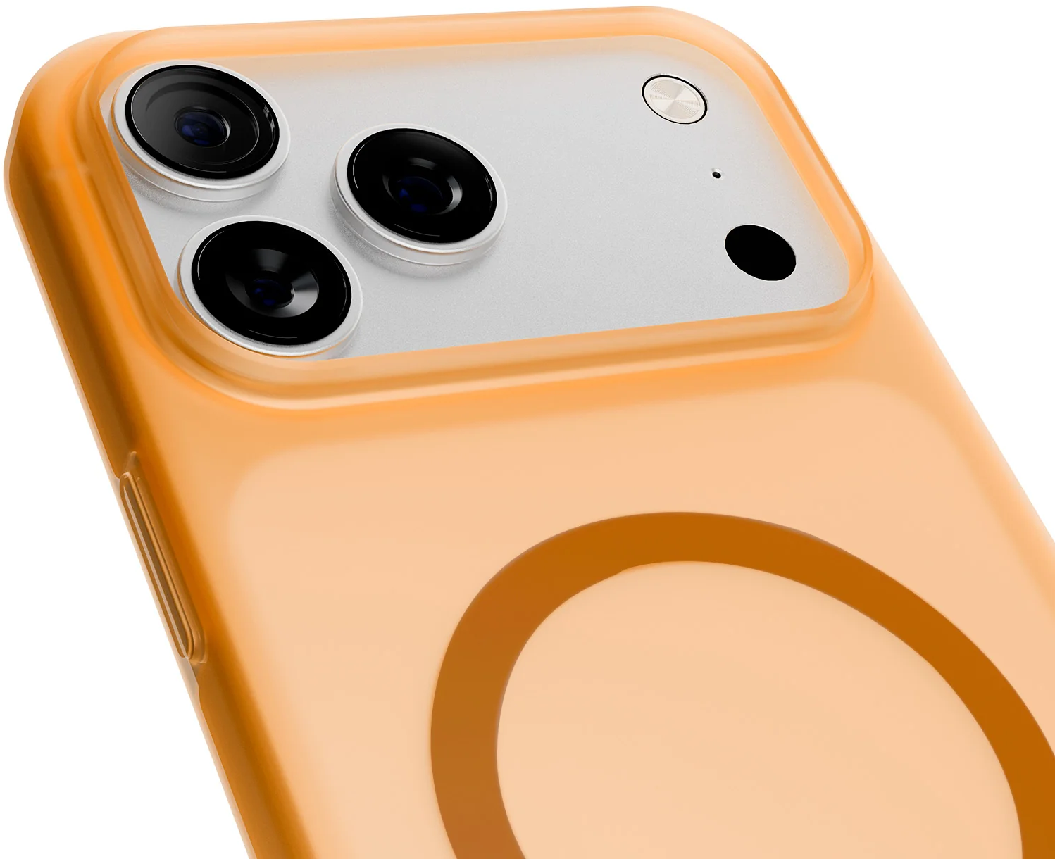 Orange Handyhülle mit sichtbaren Kameralinsen und einem Kreisdesign.