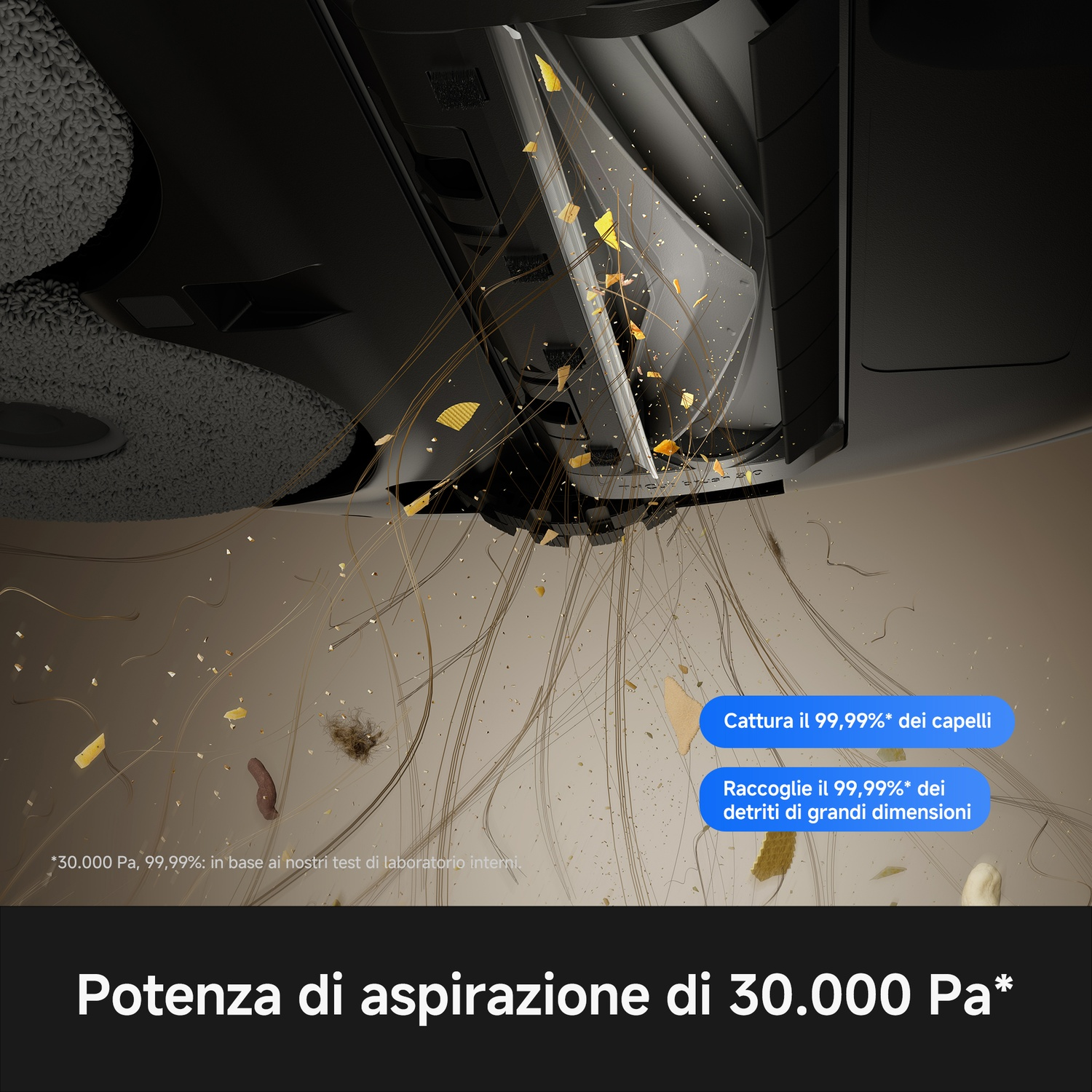 Un aspirapolvere aspira capelli e detriti. 30.000 Pa di potenza.