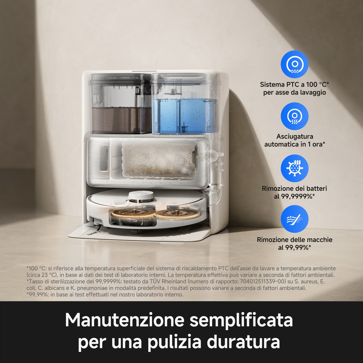 Robot aspirapolvere bianco con serbatoi acqua e icone per riscaldamento 100°C, asciugatura, rimozione germi/macchie.