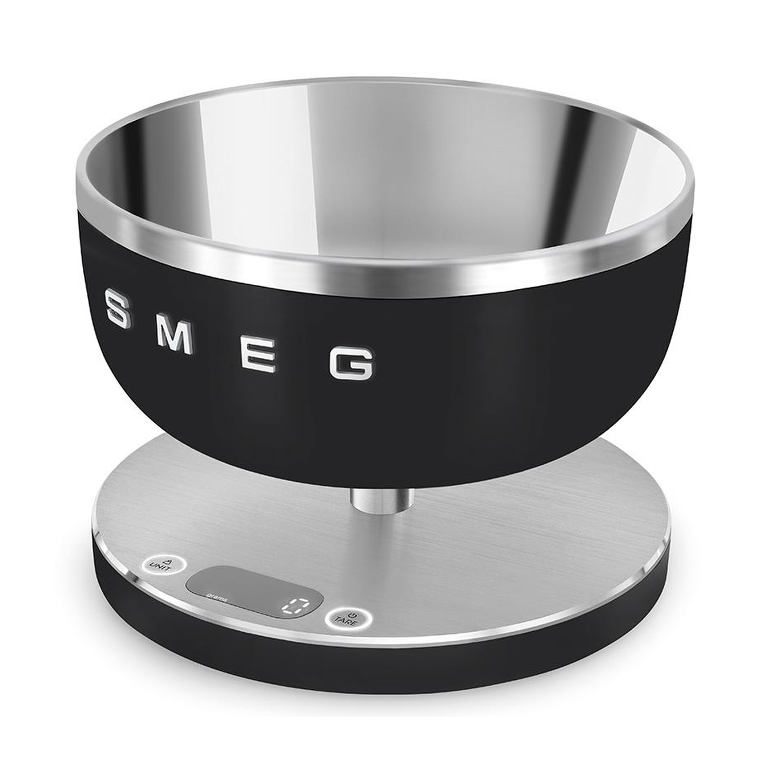 Bilancia da cucina nera con ciotola in acciaio inox e display digitale.
