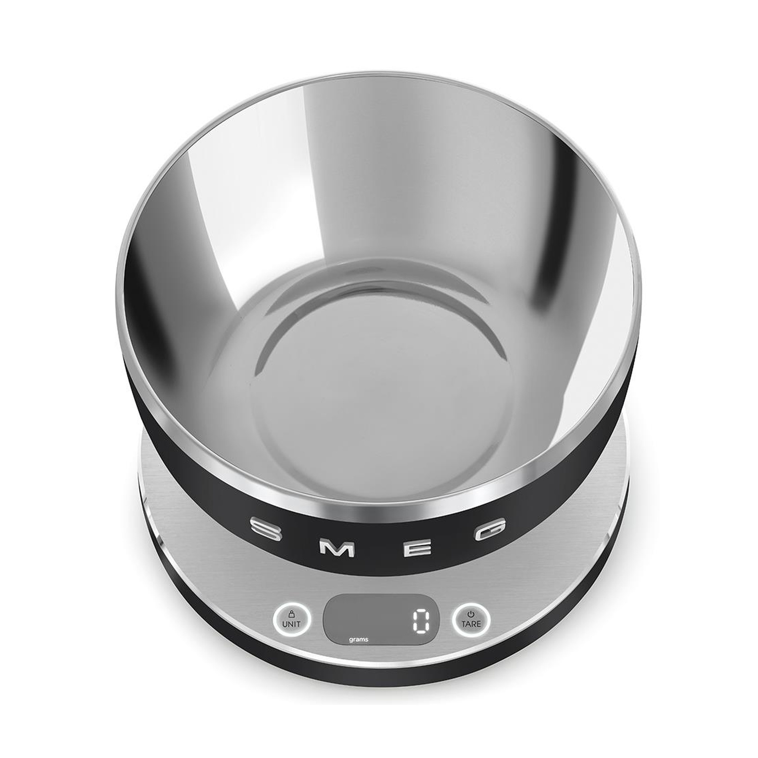 Una bilancia da cucina argentata con bordo nero e display digitale.