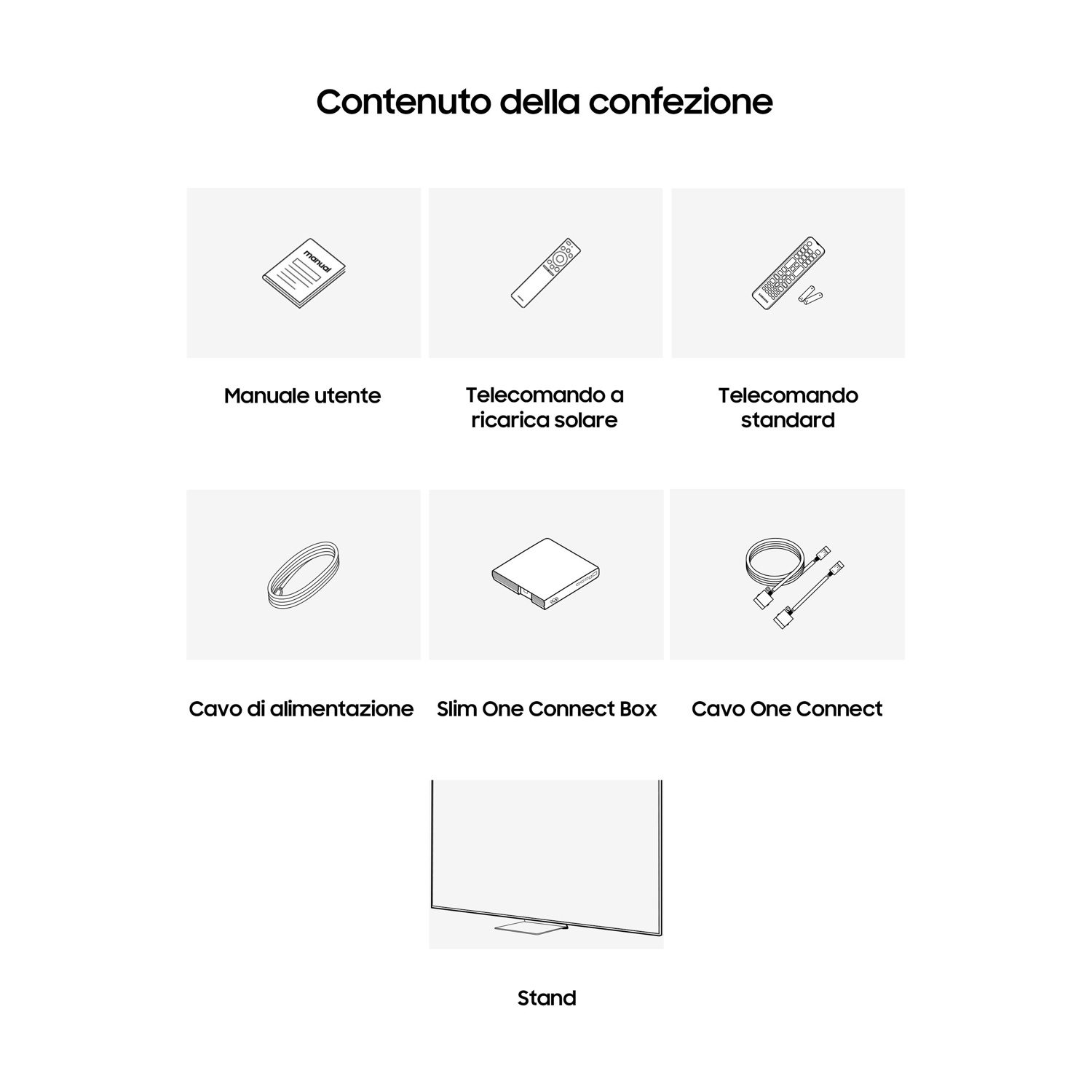 Contenuto della confezione: Manuale utente, telecomando solare, telecomando standard, cavo alimentazione, box, cavo, stand.