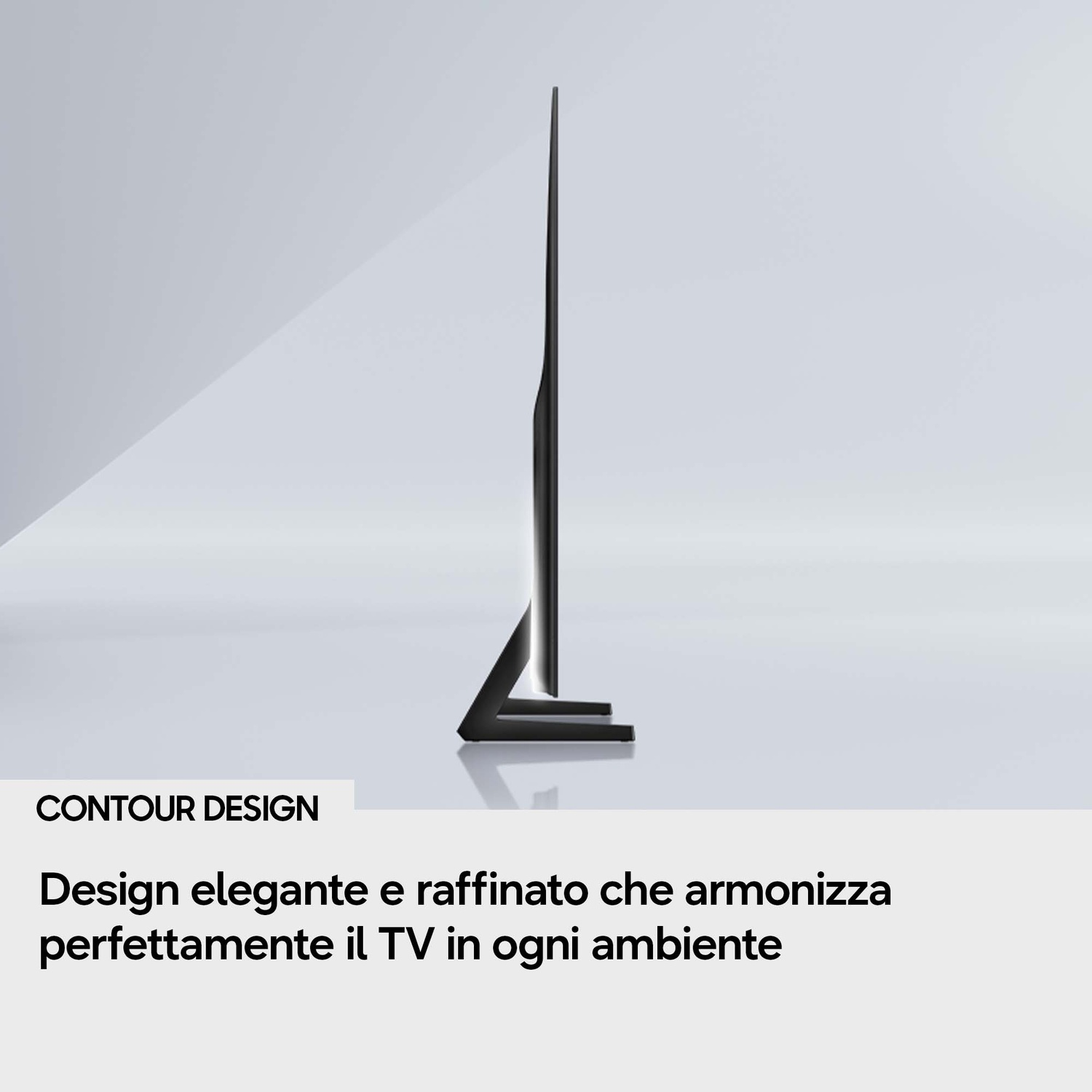 TV nero di profilo su sfondo chiaro con testo.