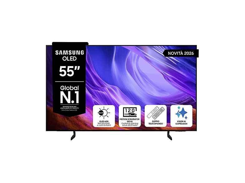 SAMSUNG OLED AI TV 55” QE55S85HAEXZT 4K, Processore NQ4 Gen2, 4K Upscaling, Schermo antiriflesso, HDR, Motion Xcelerator 120Hz, Dolby Atmos & OTS Lite, Contour Design, Vision Smart TV, 2026