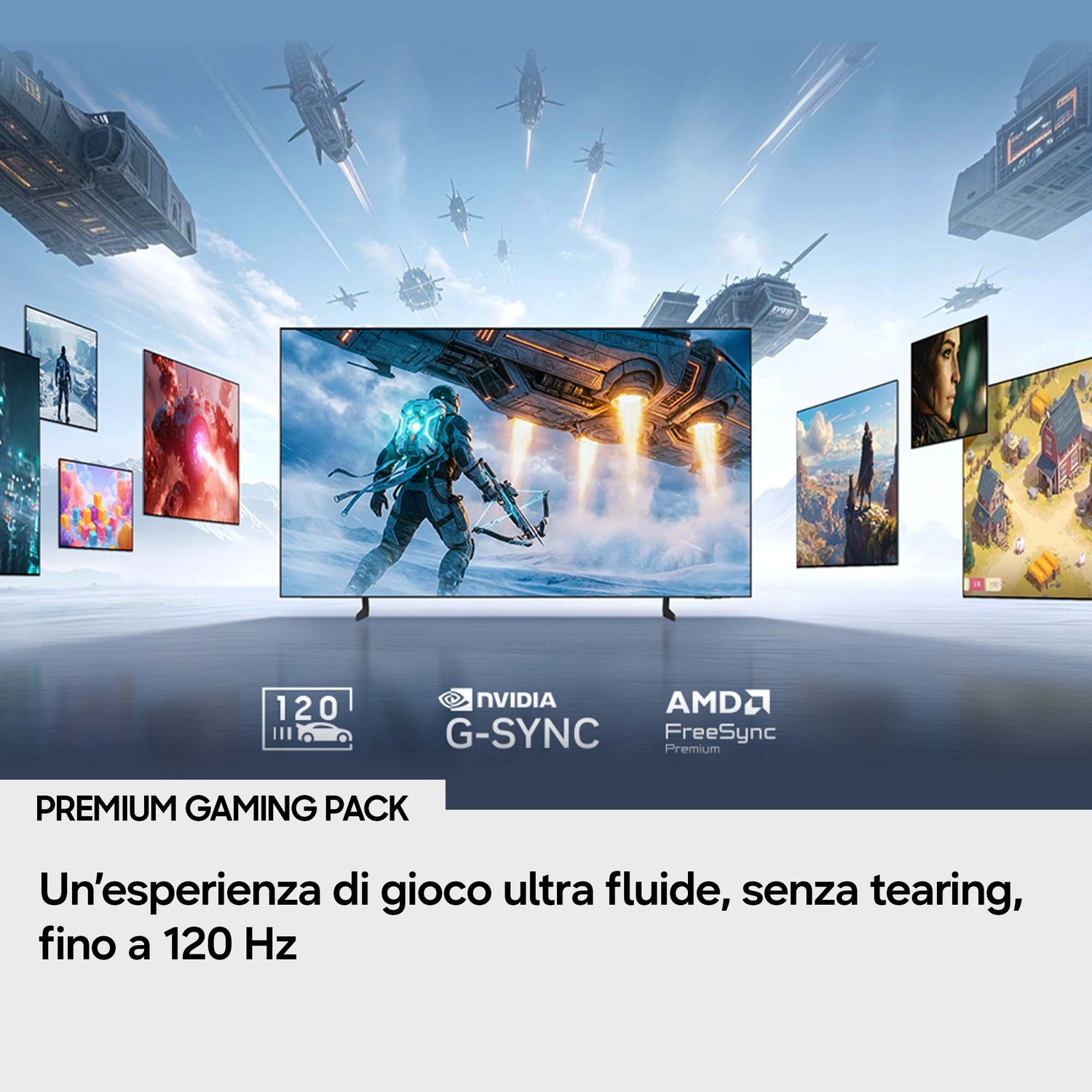 Un giocatore con balestra davanti a un'astronave, fiancheggiato da display di gioco.