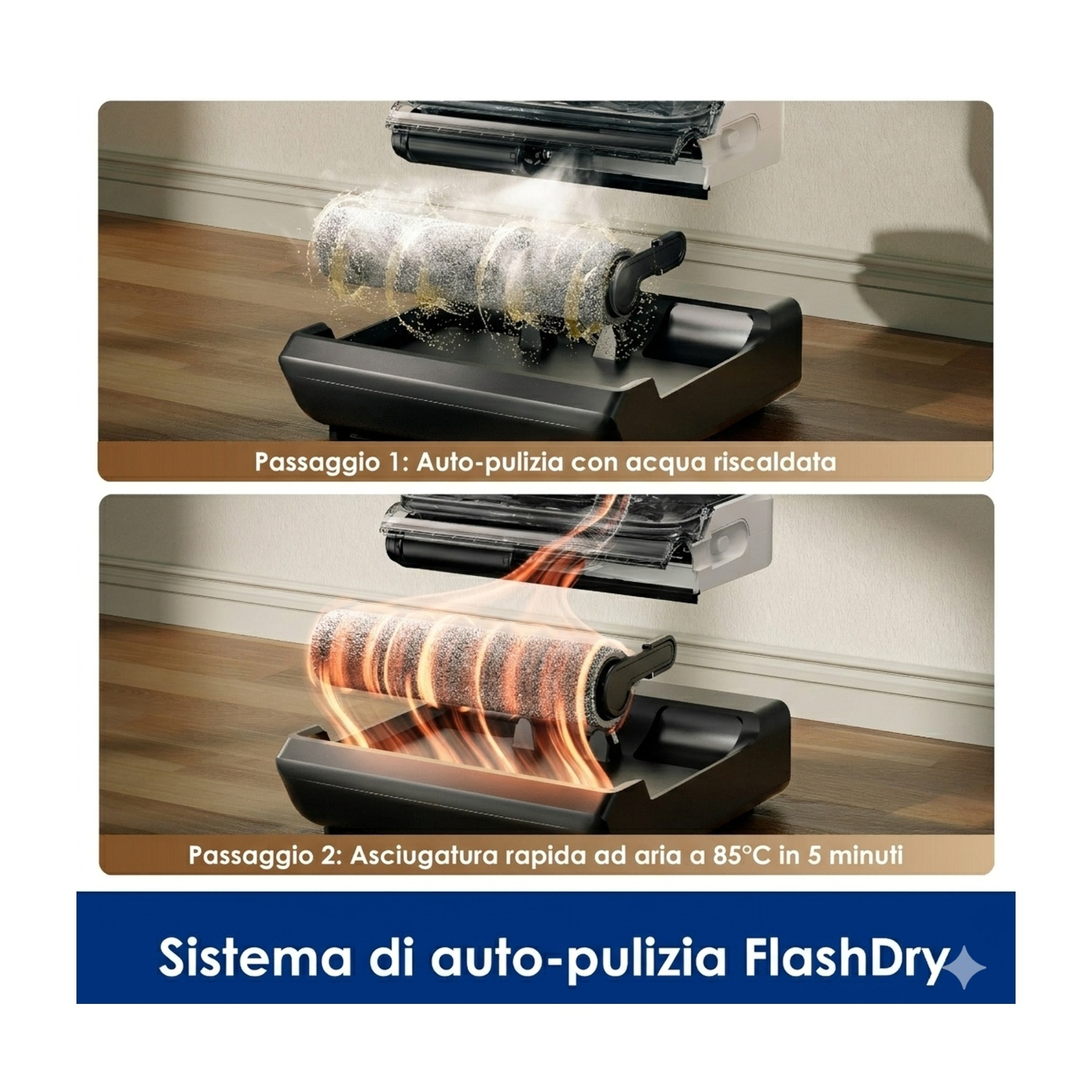 Due viste di un dispositivo di pulizia: sopra con acqua calda, sotto con aria calda.