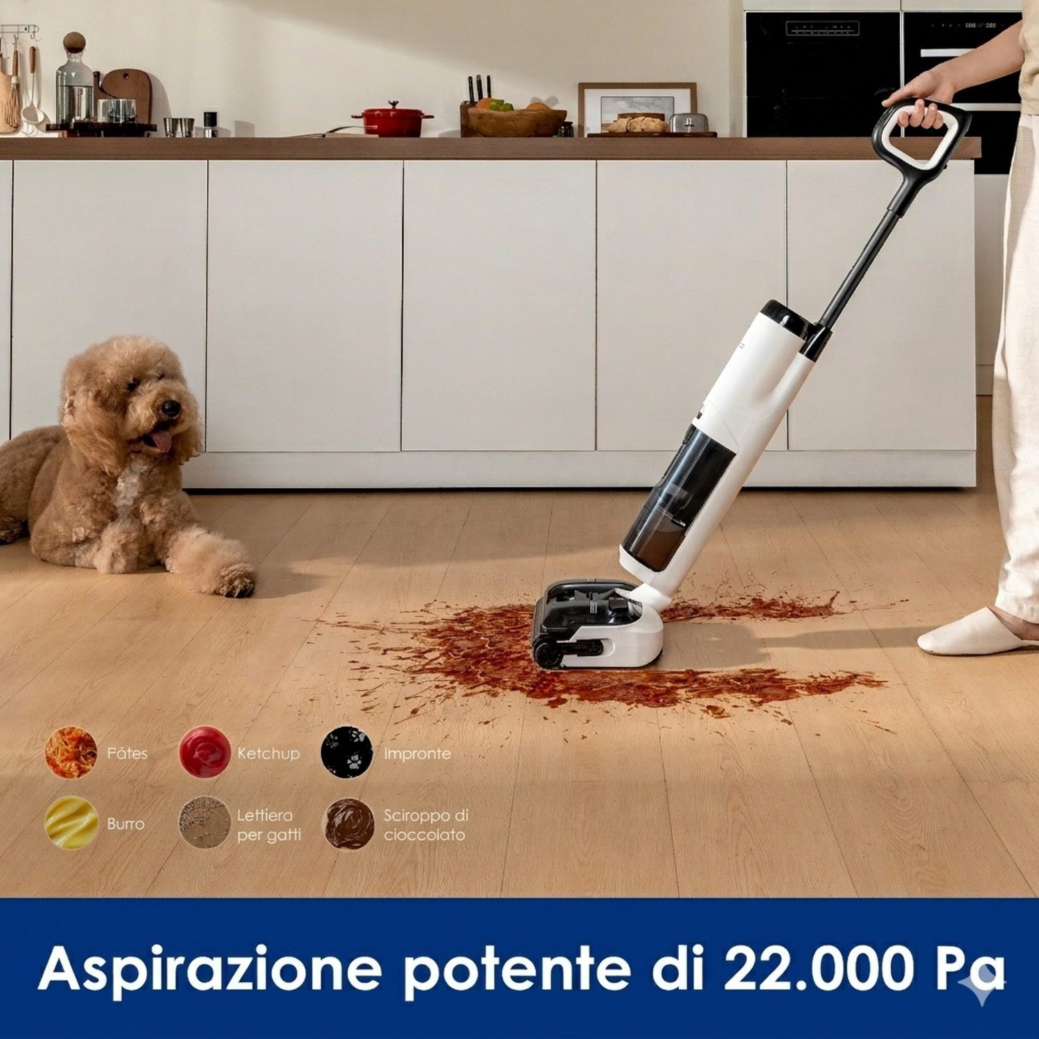 Un cane giace vicino a una macchia sul pavimento in legno, un aspirapolvere accanto.