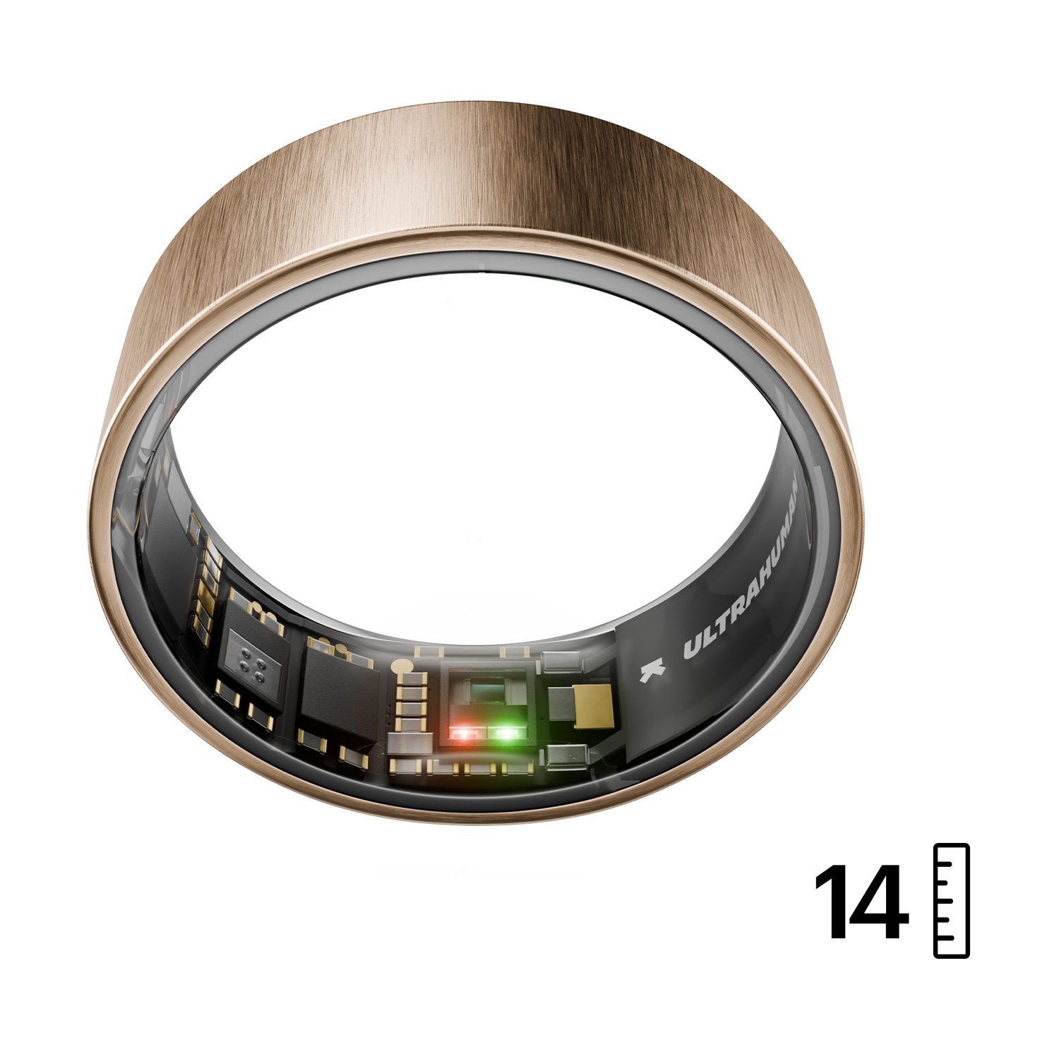 Un anello color oro rosa che mostra circuiti interni e il numero 14.