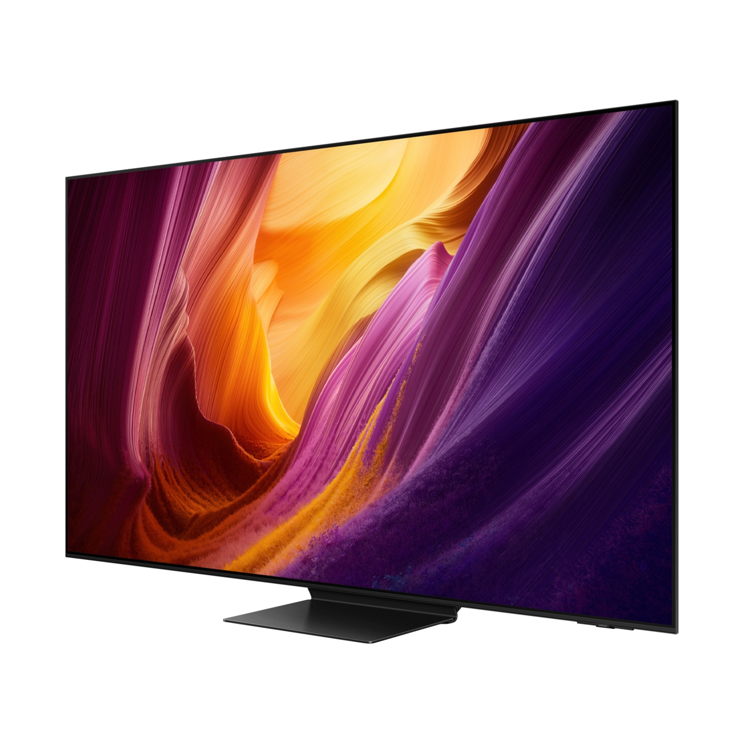 Un televisore moderno che mostra uno sfondo astratto e colorato.