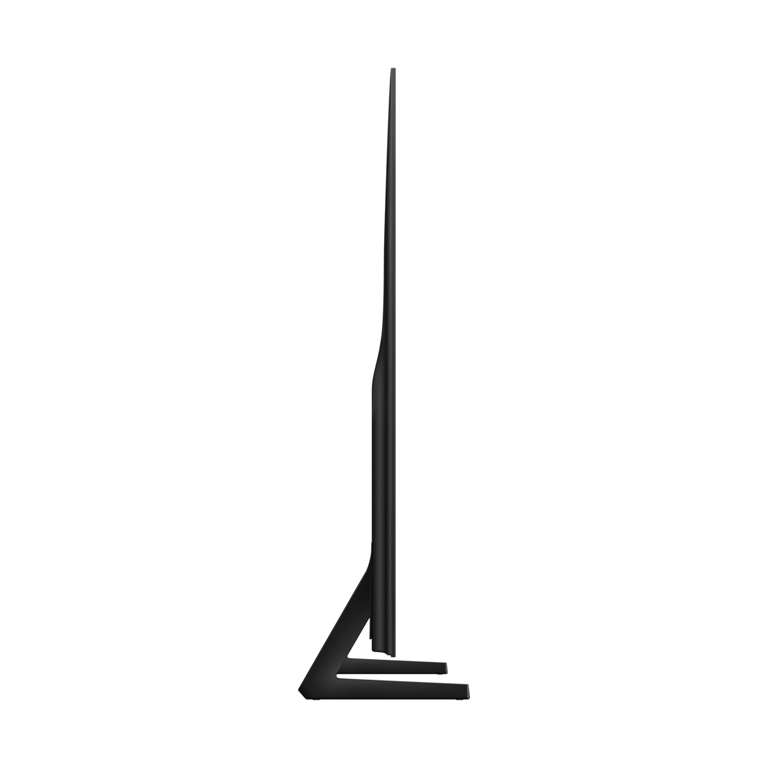 Una TV nera sottile con un supporto stretto, vista di lato.