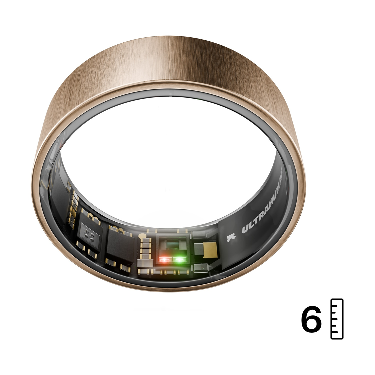 Un anello smart color oro rosa con circuiti interni e indicatore taglia 6.