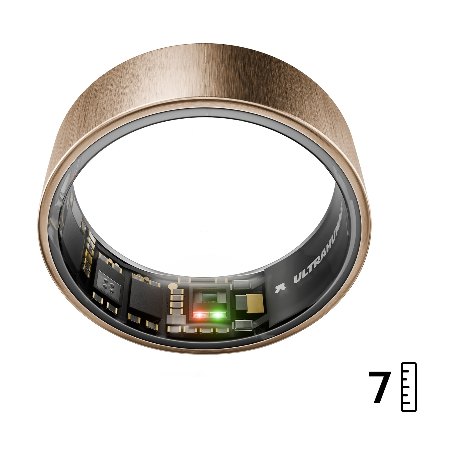Un anello dorato mostra circuiti interni con LED verdi/rossi. Viene visualizzato il numero 7.