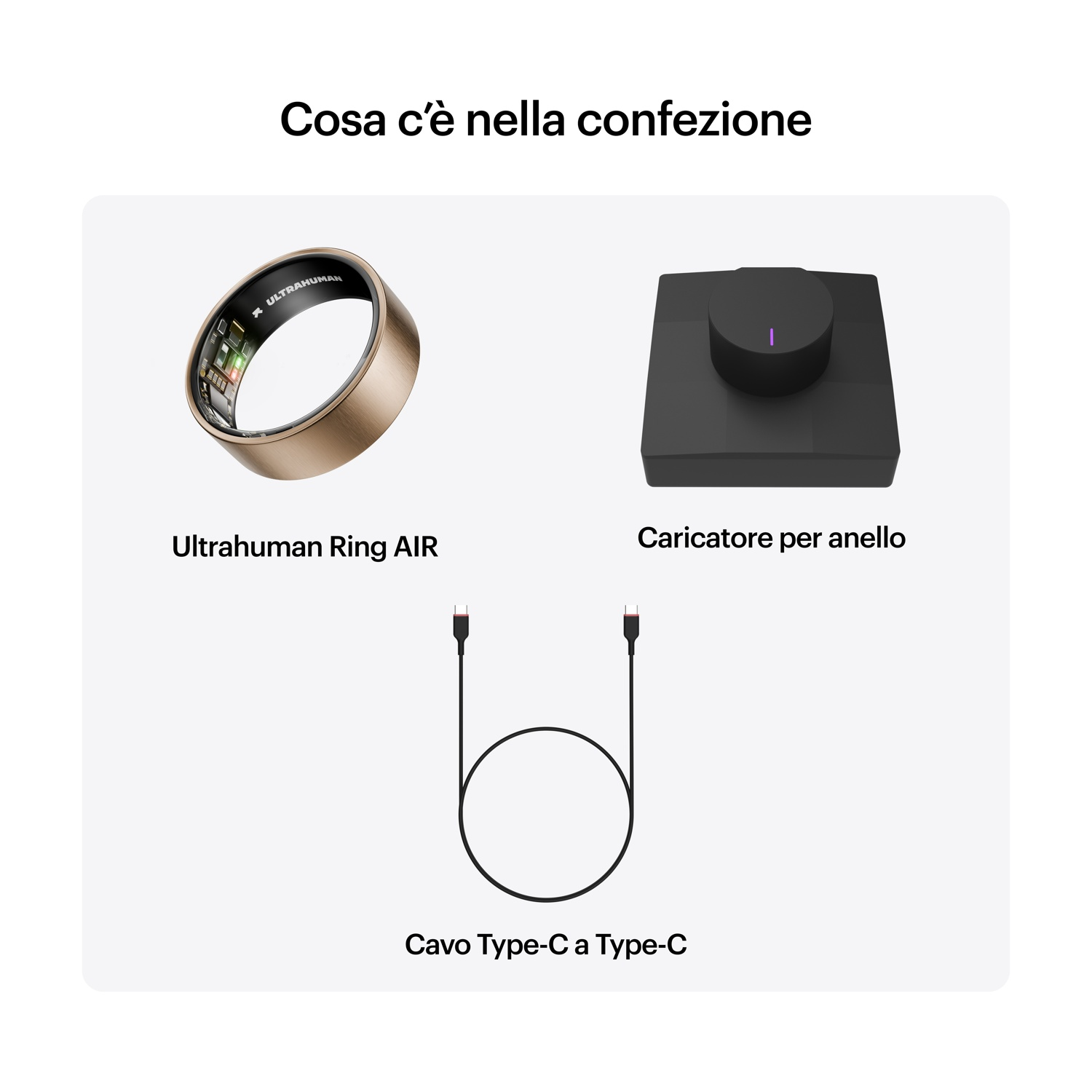 Anello Ultrahuman AIR, caricatore e cavo USB-C su sfondo bianco.