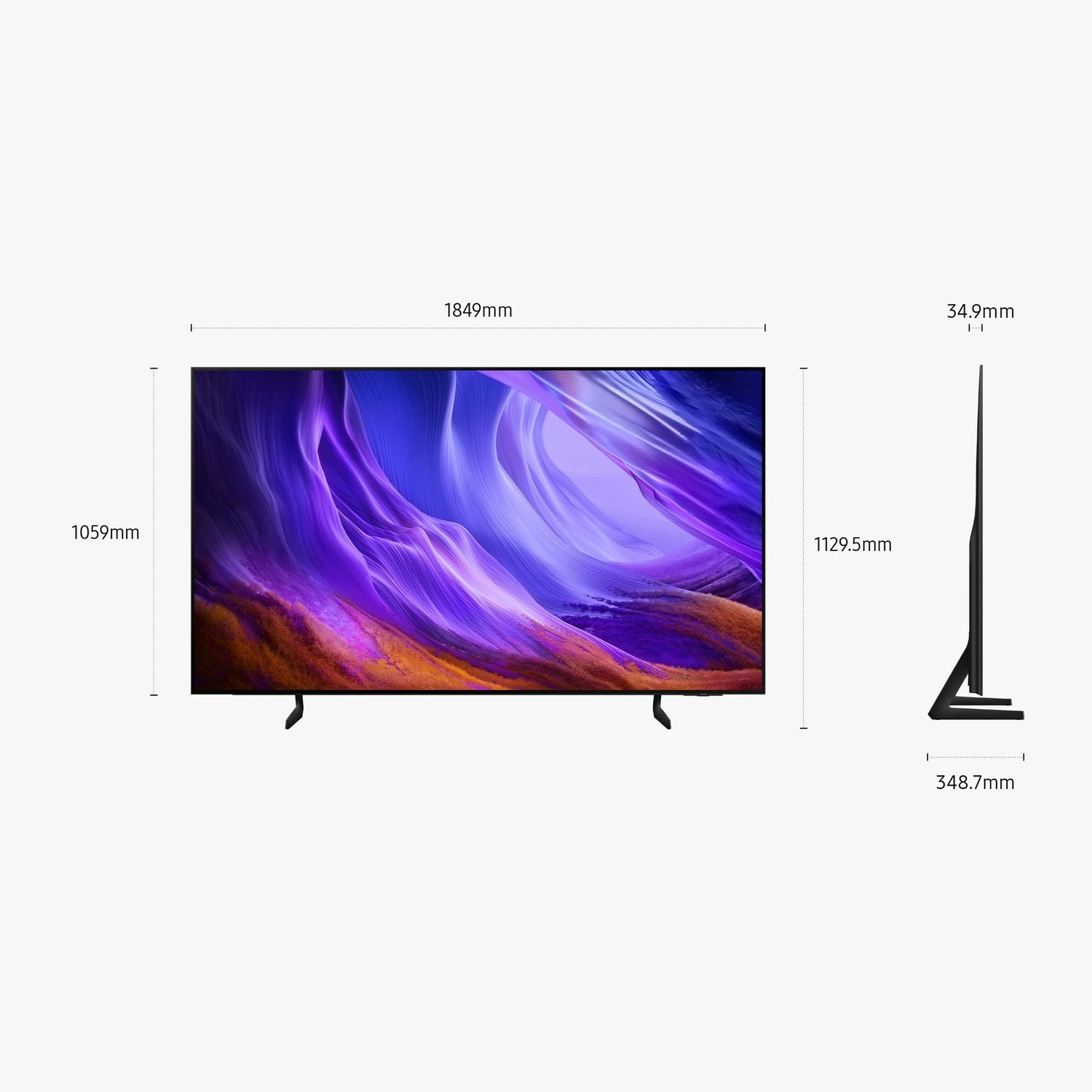 Un grande schermo TV con immagine astratta viola e arancione. Le dimensioni sono mostrate.