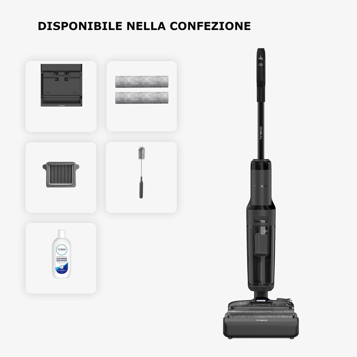 Un aspirapolvere bagnato/asciutto nero con accessori: base di ricarica, rulli, filtro, spazzola e soluzione detergente.