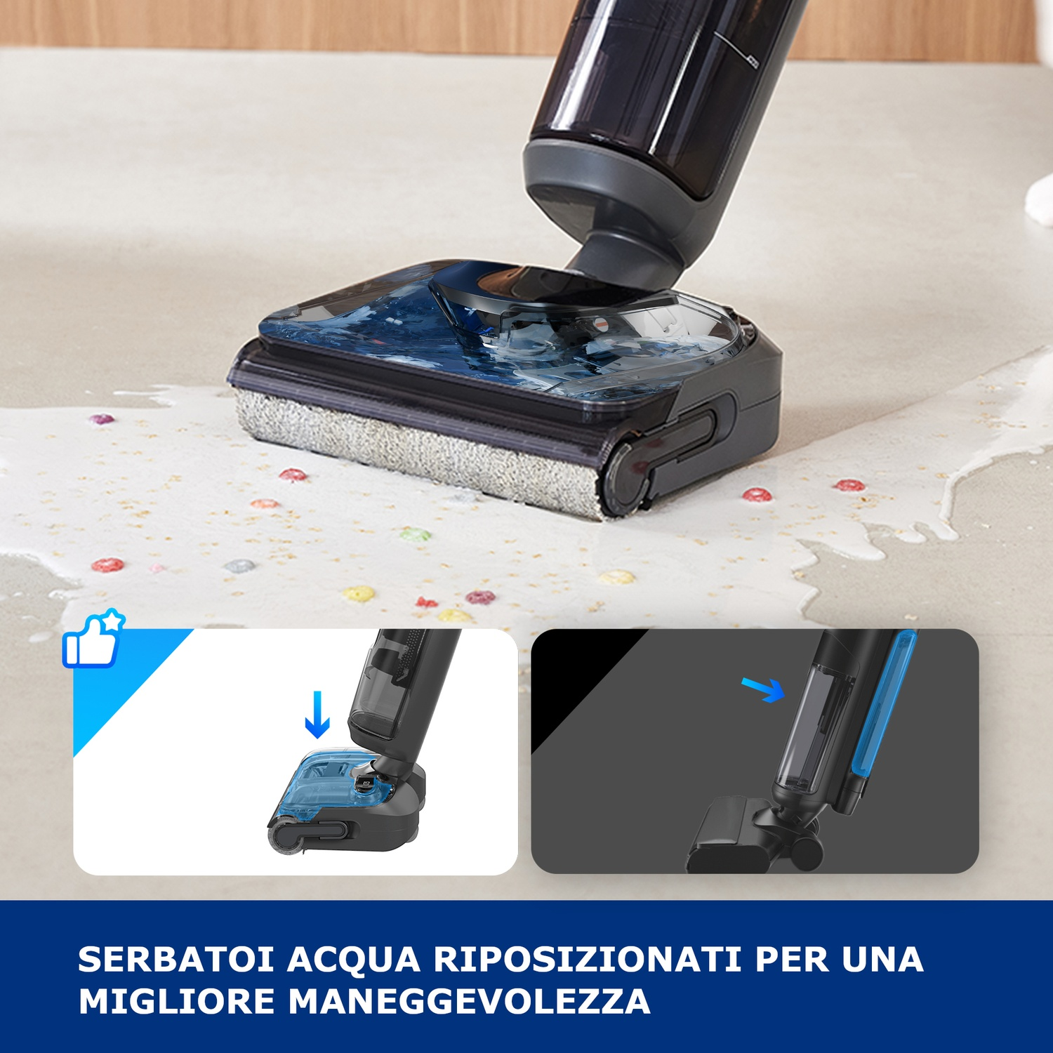 Un pulitore per pavimenti con serbatoio trasparente pulisce un pavimento bagnato con macchie colorate.
