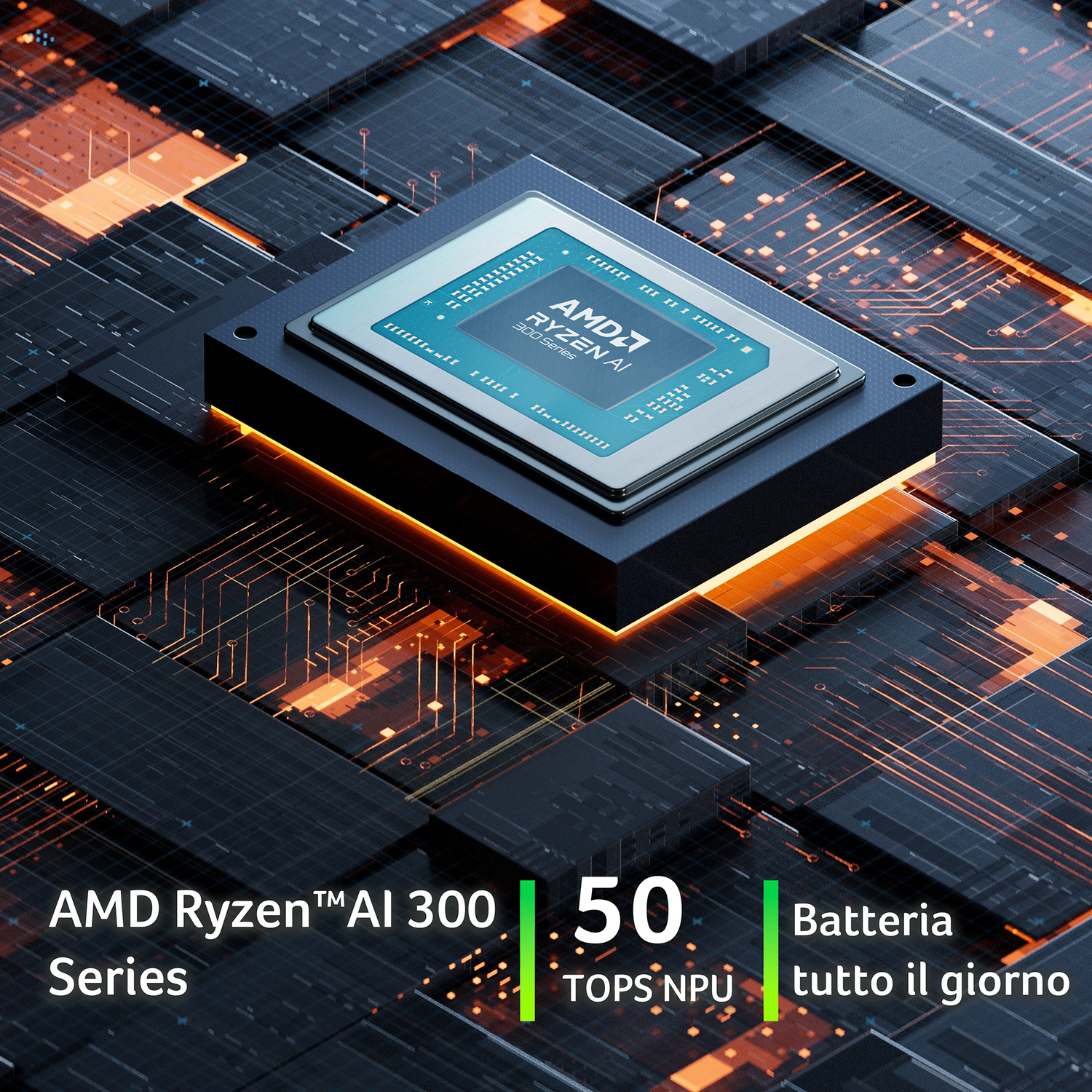 Processore AMD Ryzen AI su sfondo scuro con circuiti arancioni.