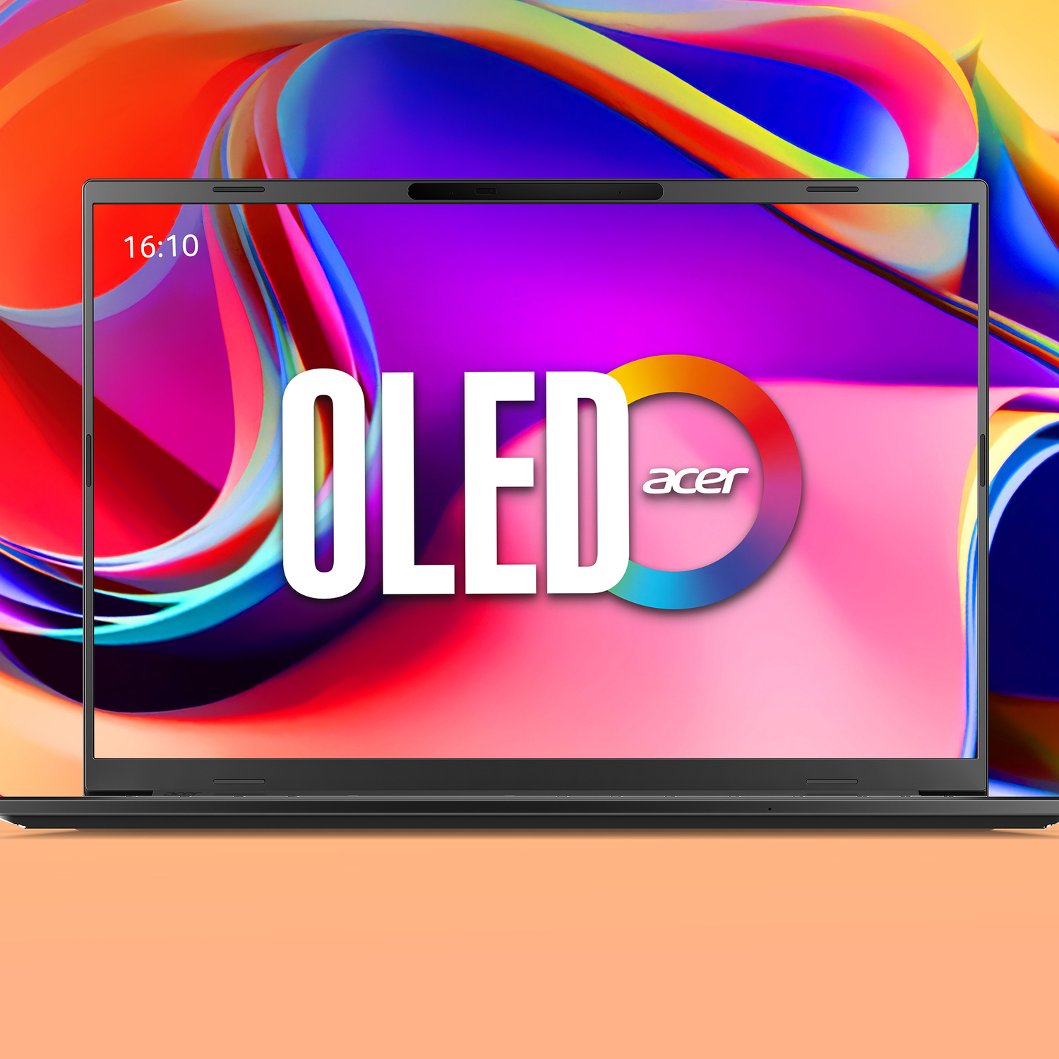 Un laptop con sfondo astratto e colorato. Lo schermo mostra OLED ACER.