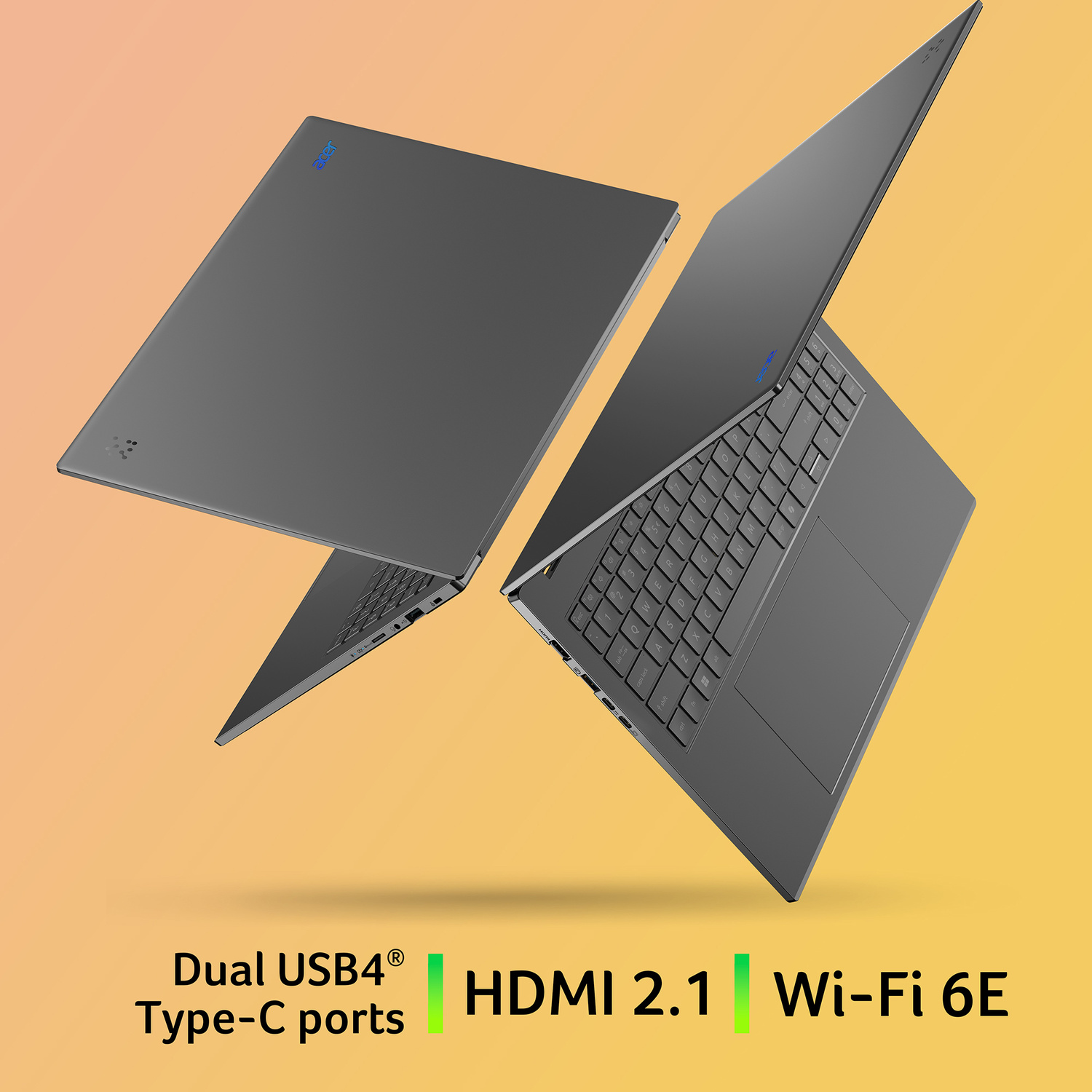 Due laptop grigi fluttuano su uno sfondo giallo. Uno è chiuso, l'altro è aperto.