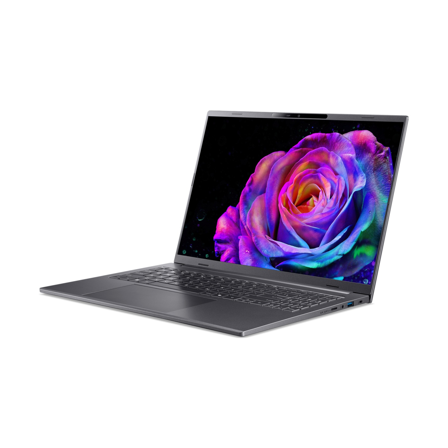Un laptop grigio mostra un fiore colorato sullo schermo, isolato su bianco.