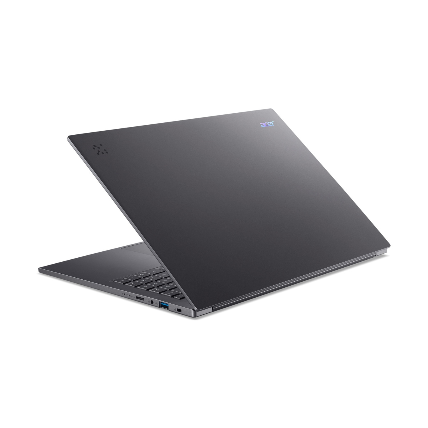 Un laptop Acer chiuso e scuro su sfondo bianco.